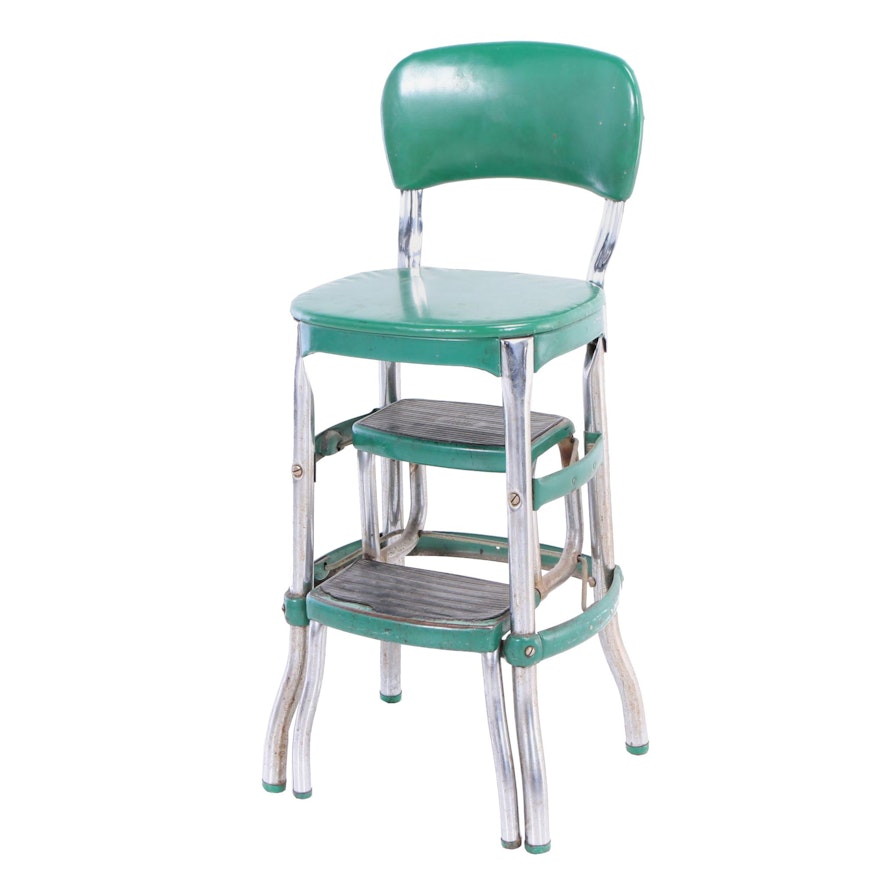 Cosco, Chromed and Green-Painted Steel Step Stool, Mid 20th Century