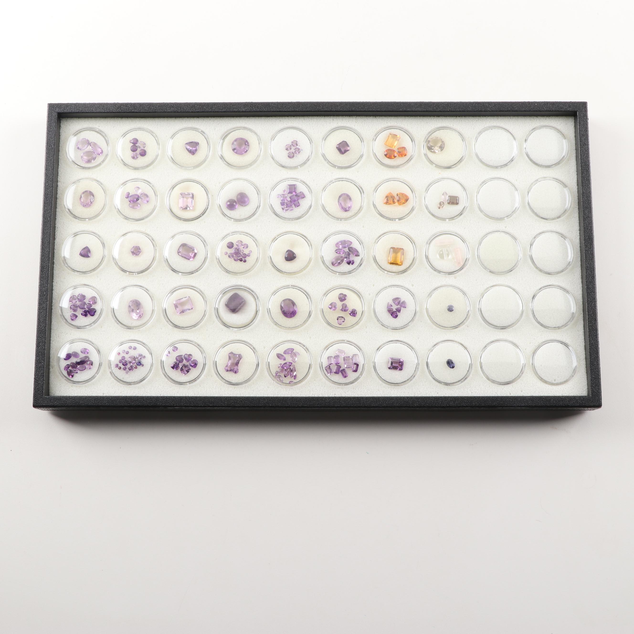Tray of Loose Gemstones including Amethyst, Citrine, Quartz and Iolite