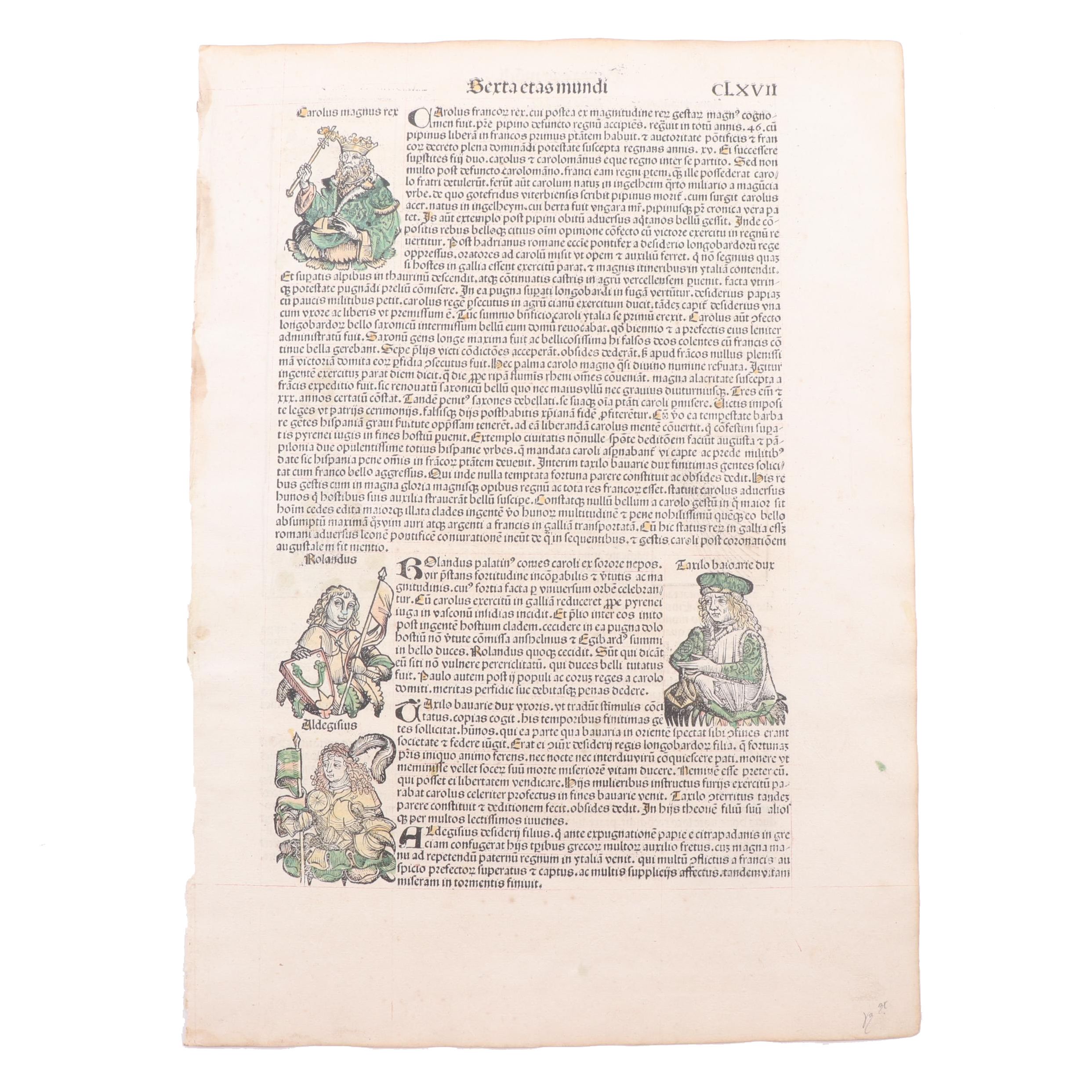 Leaf from circa 1493 "Nuremberg Chronicle" with Hand-Colored Woodcuts