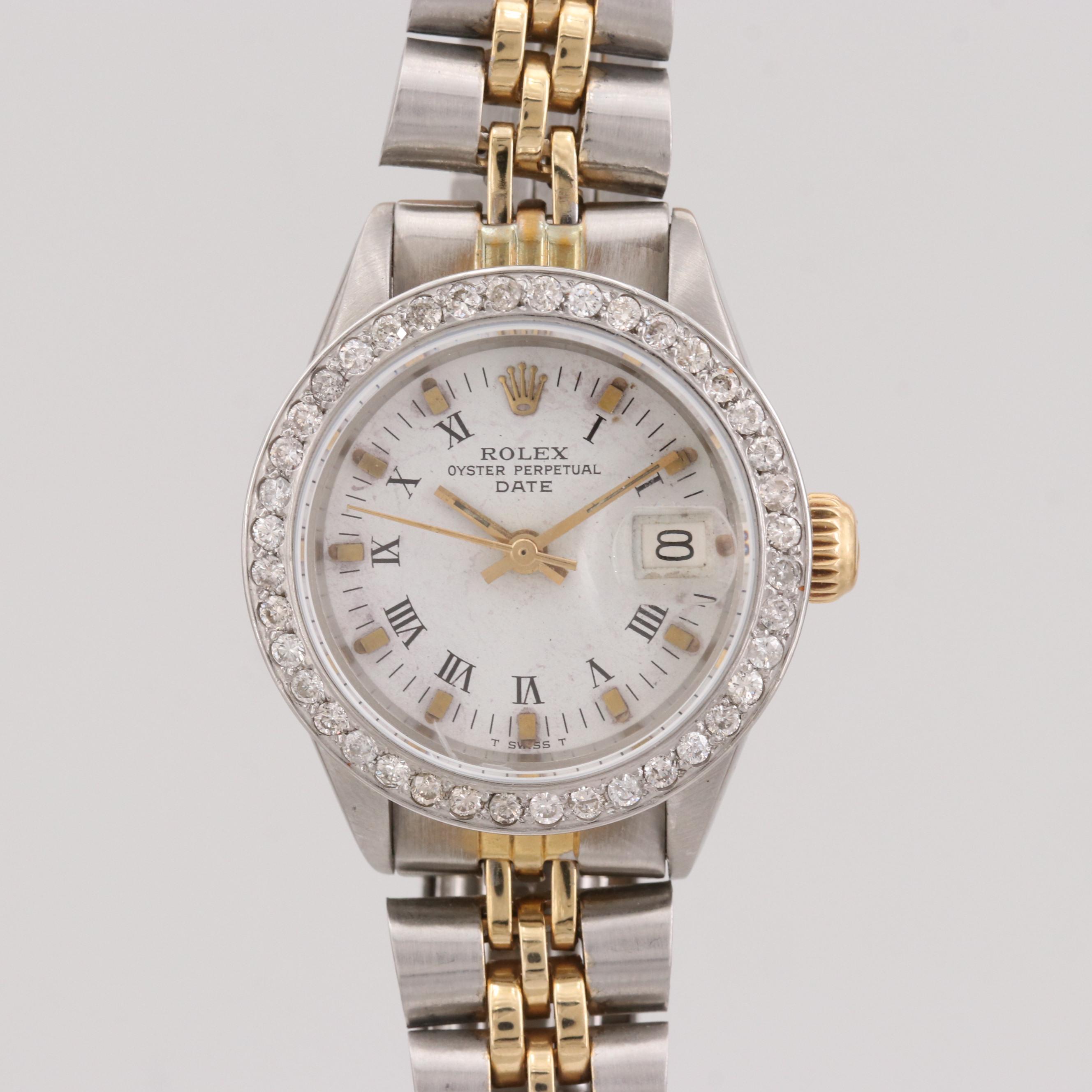 Vintage Rolex Oyster Perpetual Date Two-Tone Watch With Diamond Bezel