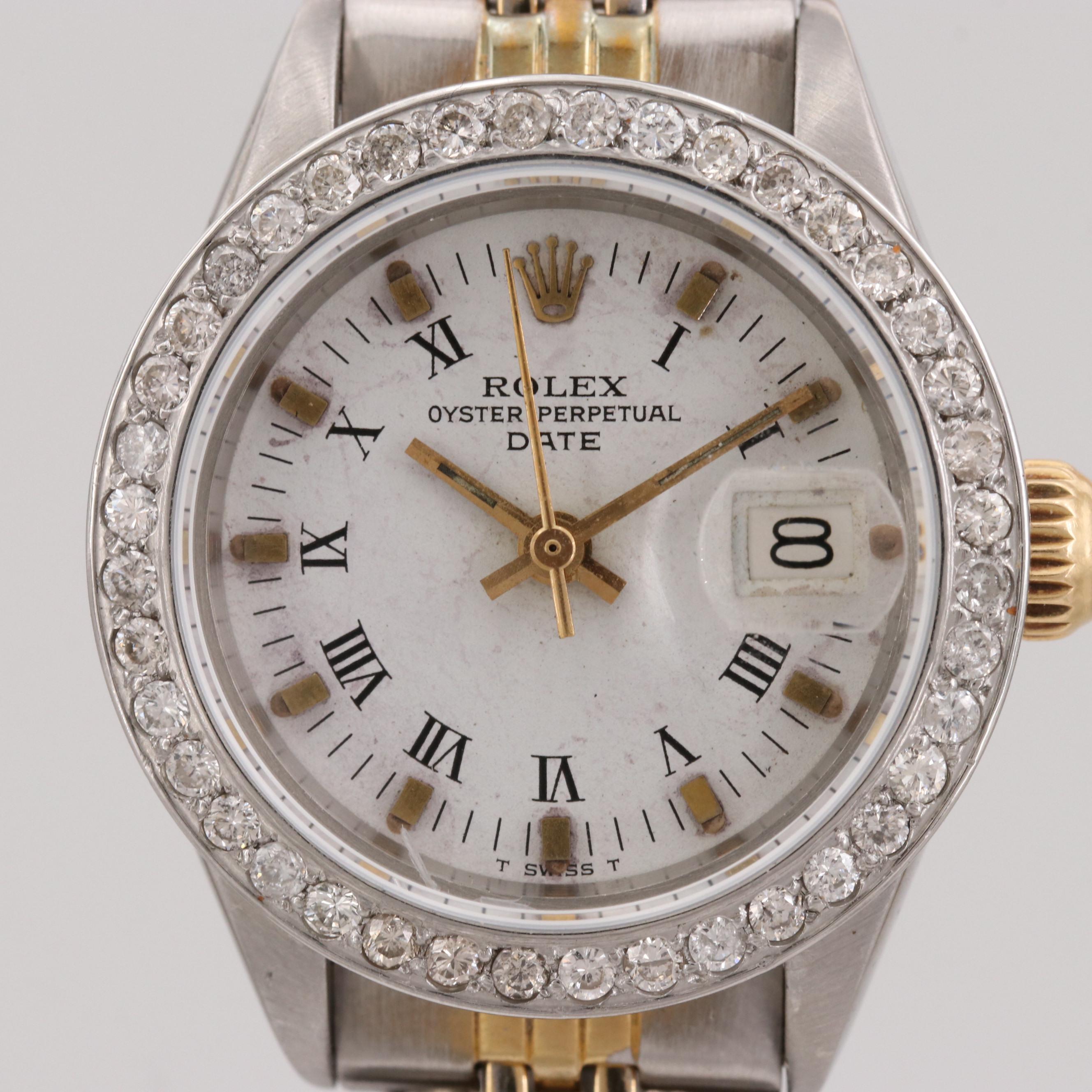 Vintage Rolex Oyster Perpetual Date Two-Tone Watch With Diamond Bezel