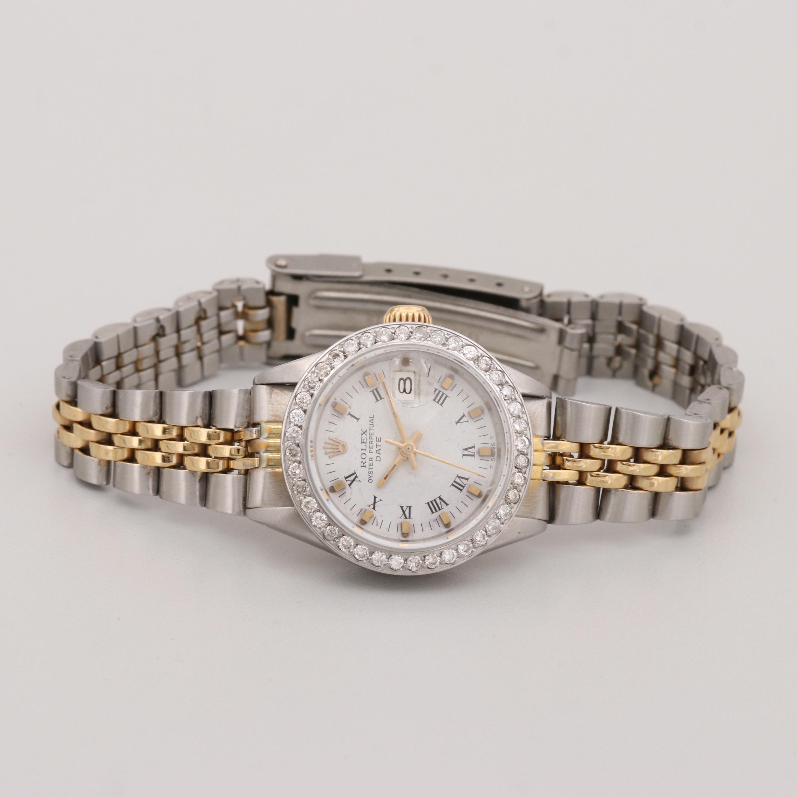 Vintage Rolex Oyster Perpetual Date Two-Tone Watch With Diamond Bezel