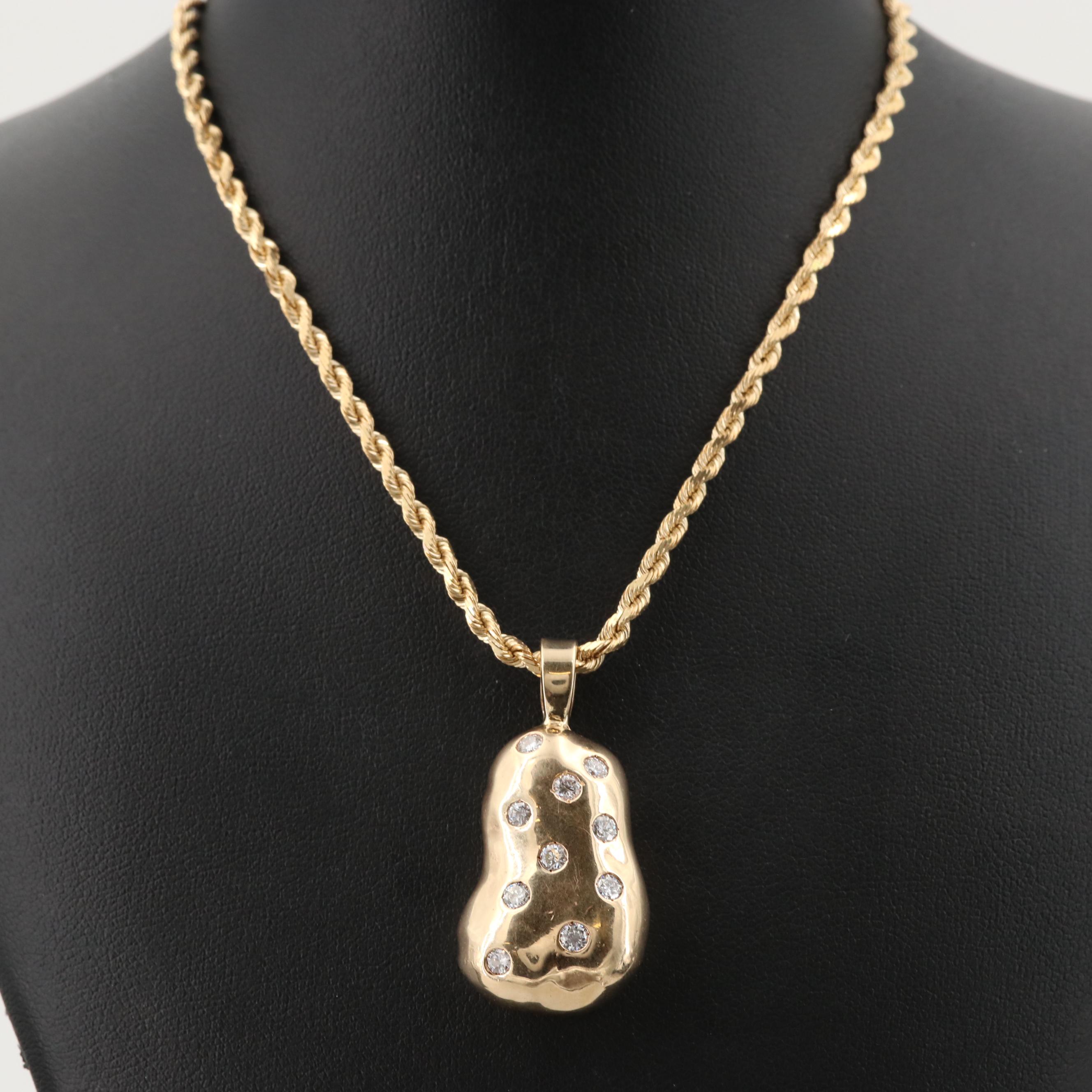14K Yellow Gold Diamond Pendant and Fancy Chain Necklace