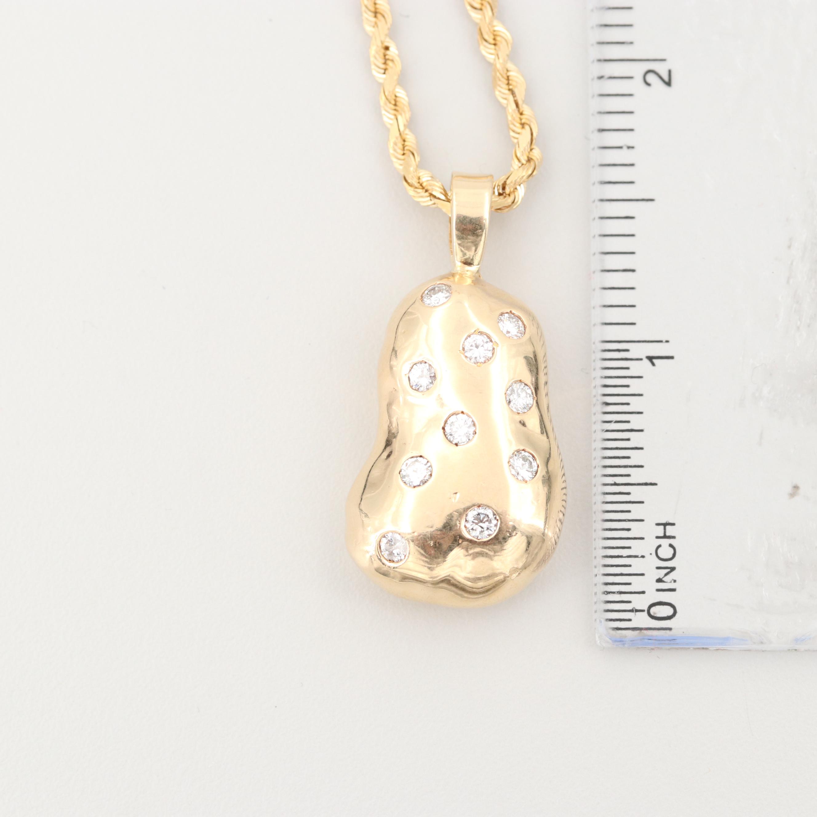 14K Yellow Gold Diamond Pendant and Fancy Chain Necklace