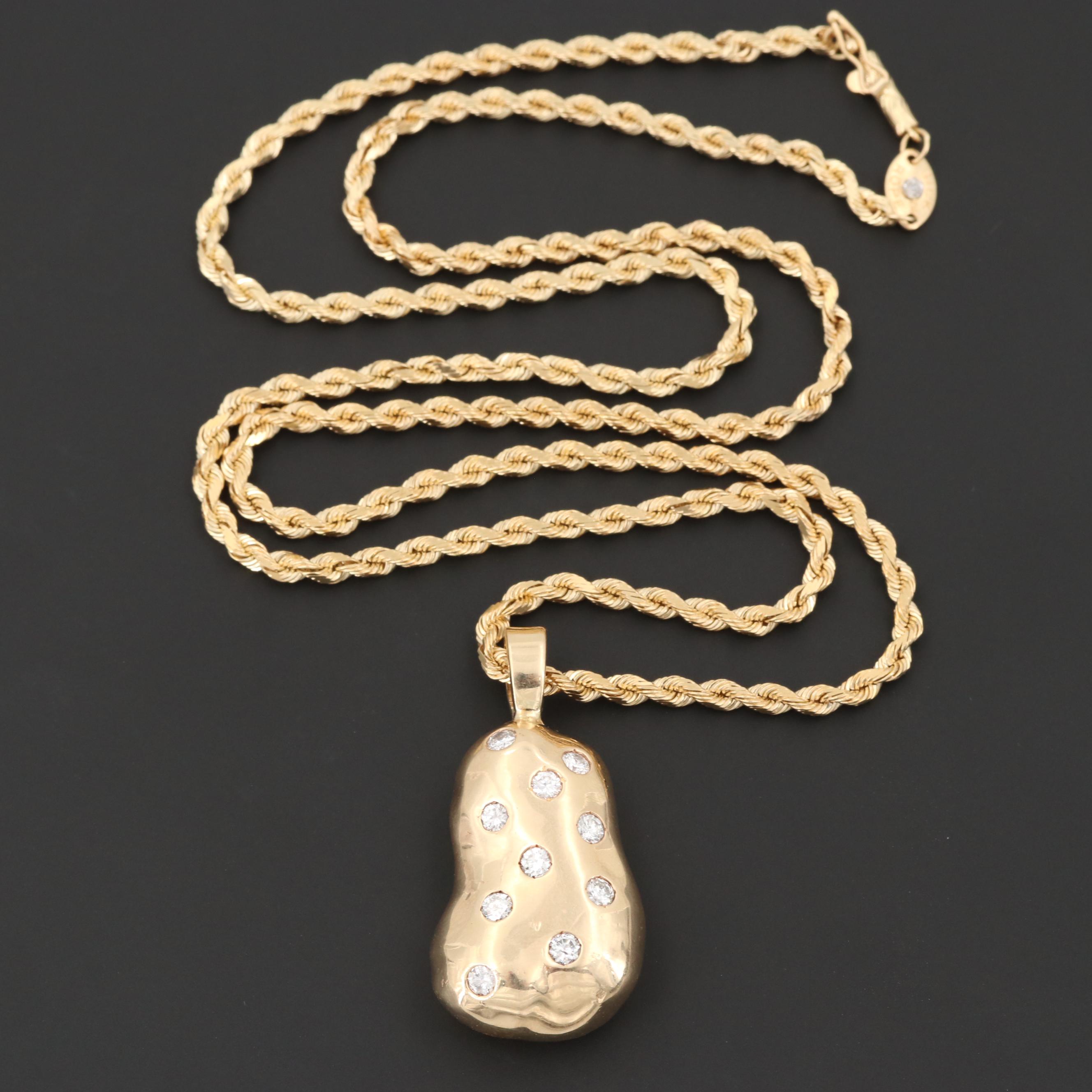14K Yellow Gold Diamond Pendant and Fancy Chain Necklace