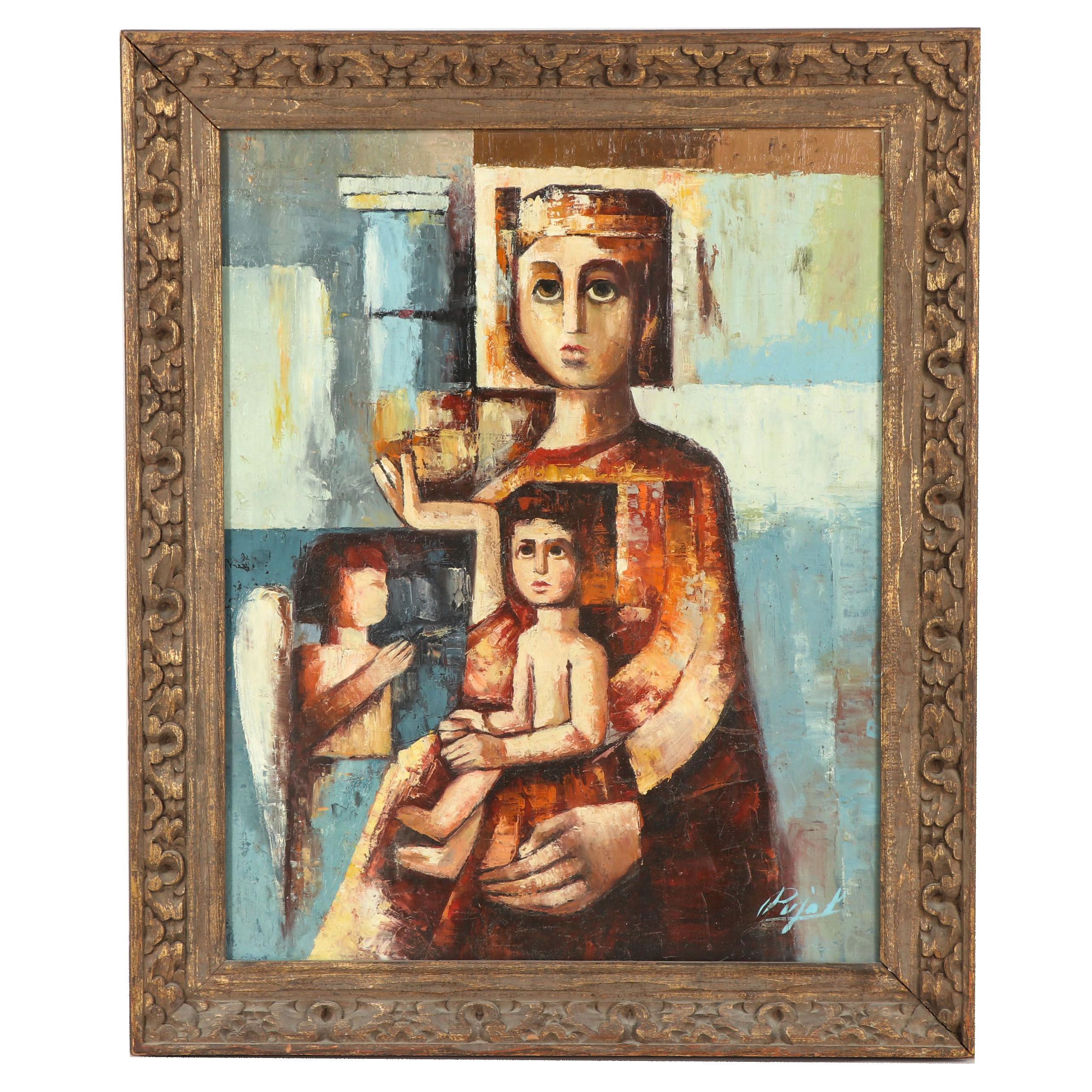 Francisco Pujol Cubist Style Oil Painting of Madonna & Child