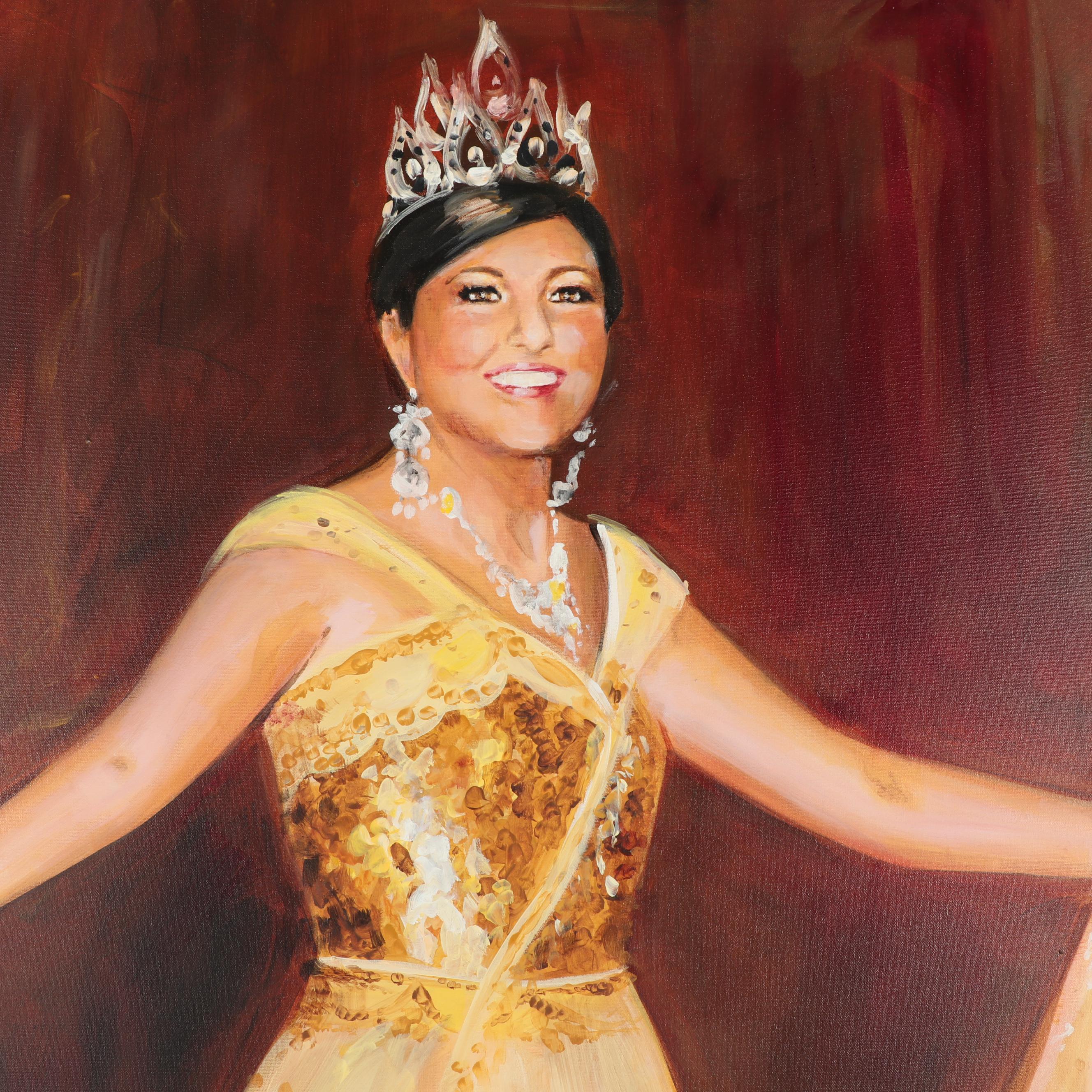 Darrah Dean Gooden Full-Length Oil Portrait of Woman in Yellow Gown