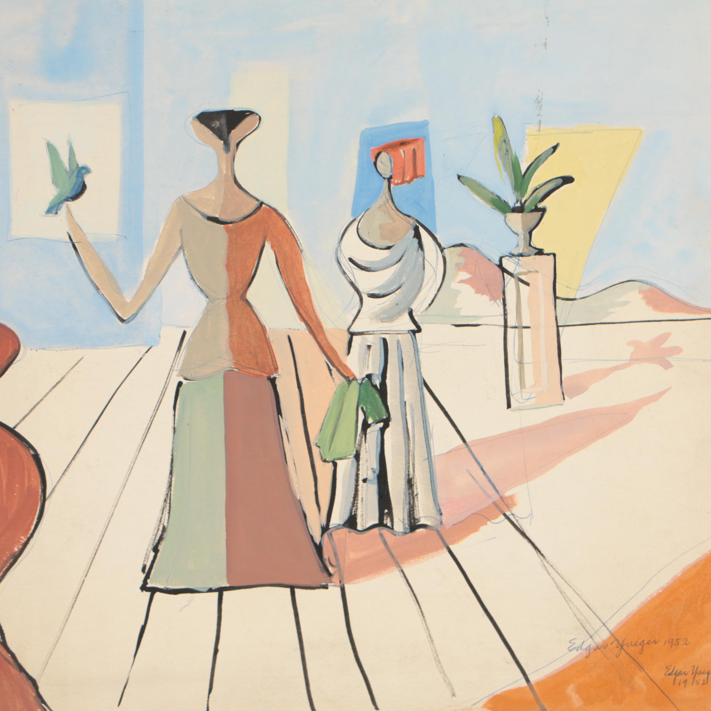 Edgar Yaeger 1952 Gouache Painting of Abstract Figural Scene