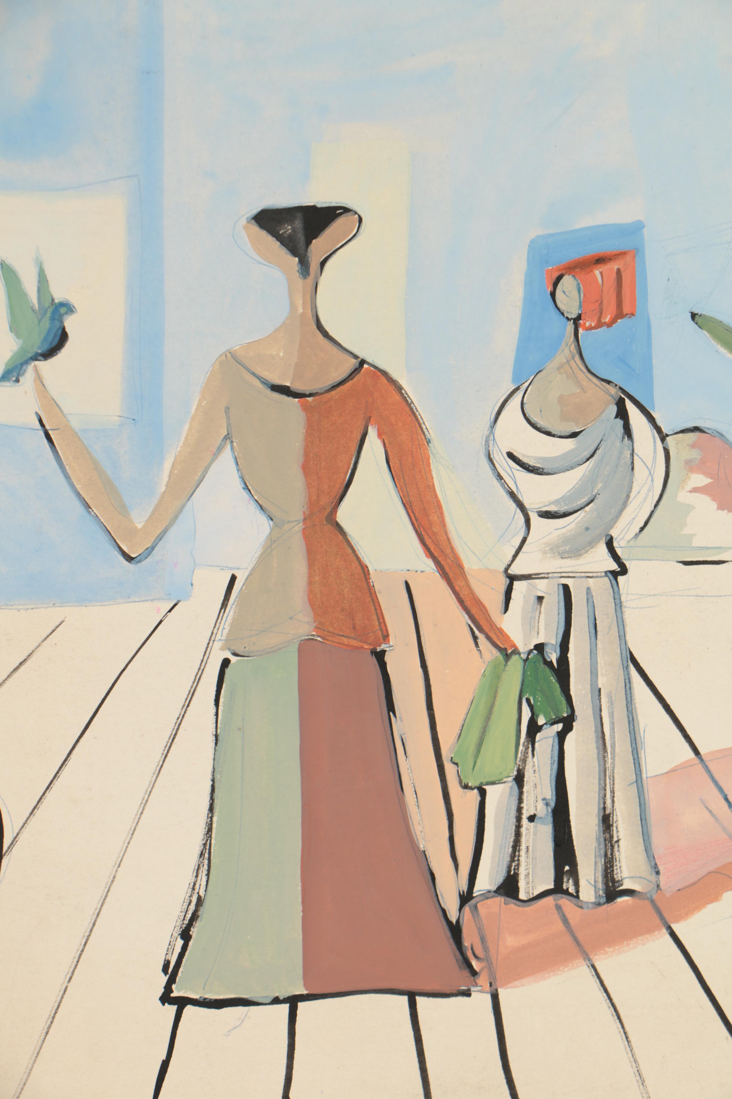 Edgar Yaeger 1952 Gouache Painting of Abstract Figural Scene