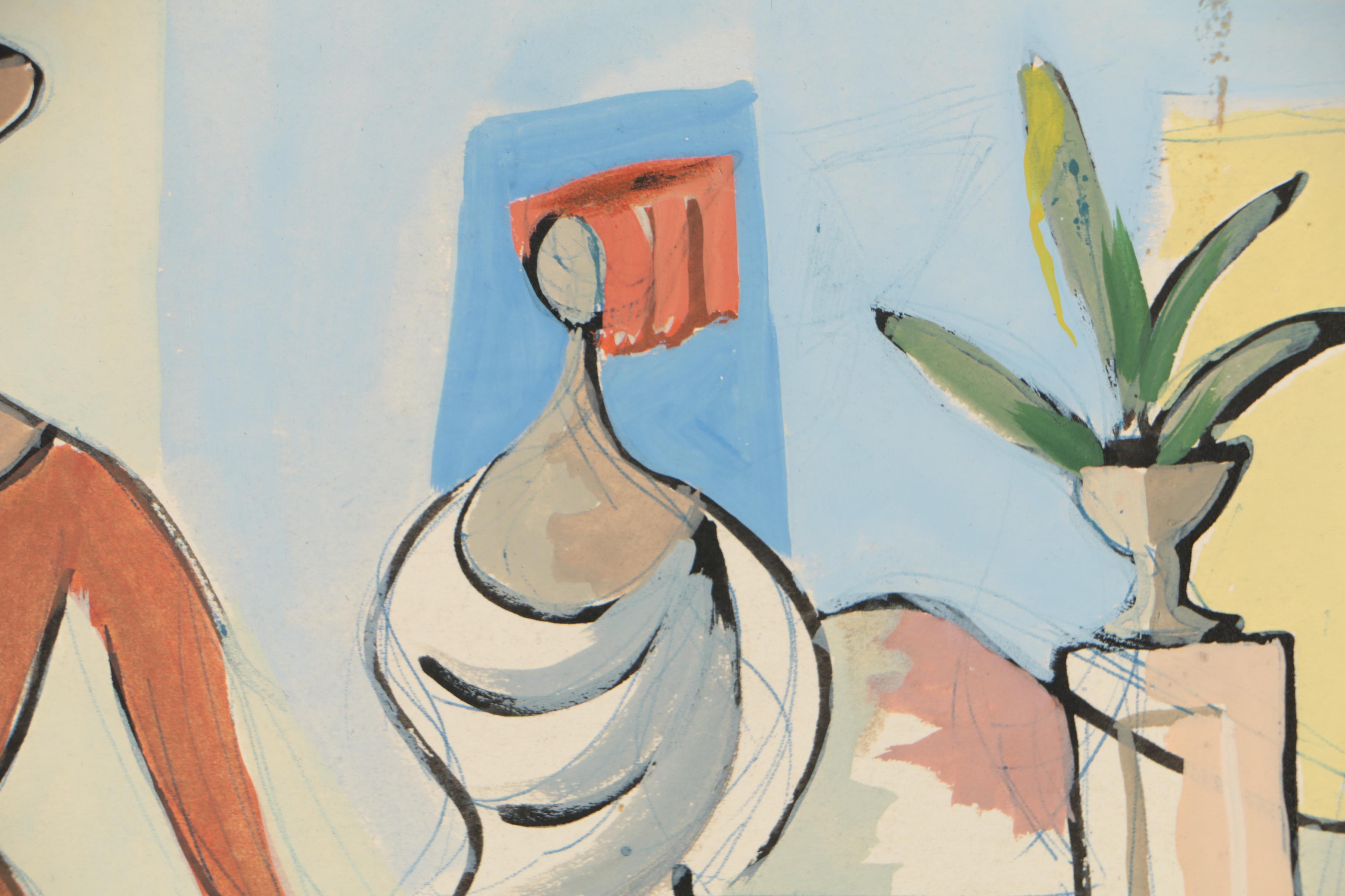 Edgar Yaeger 1952 Gouache Painting of Abstract Figural Scene