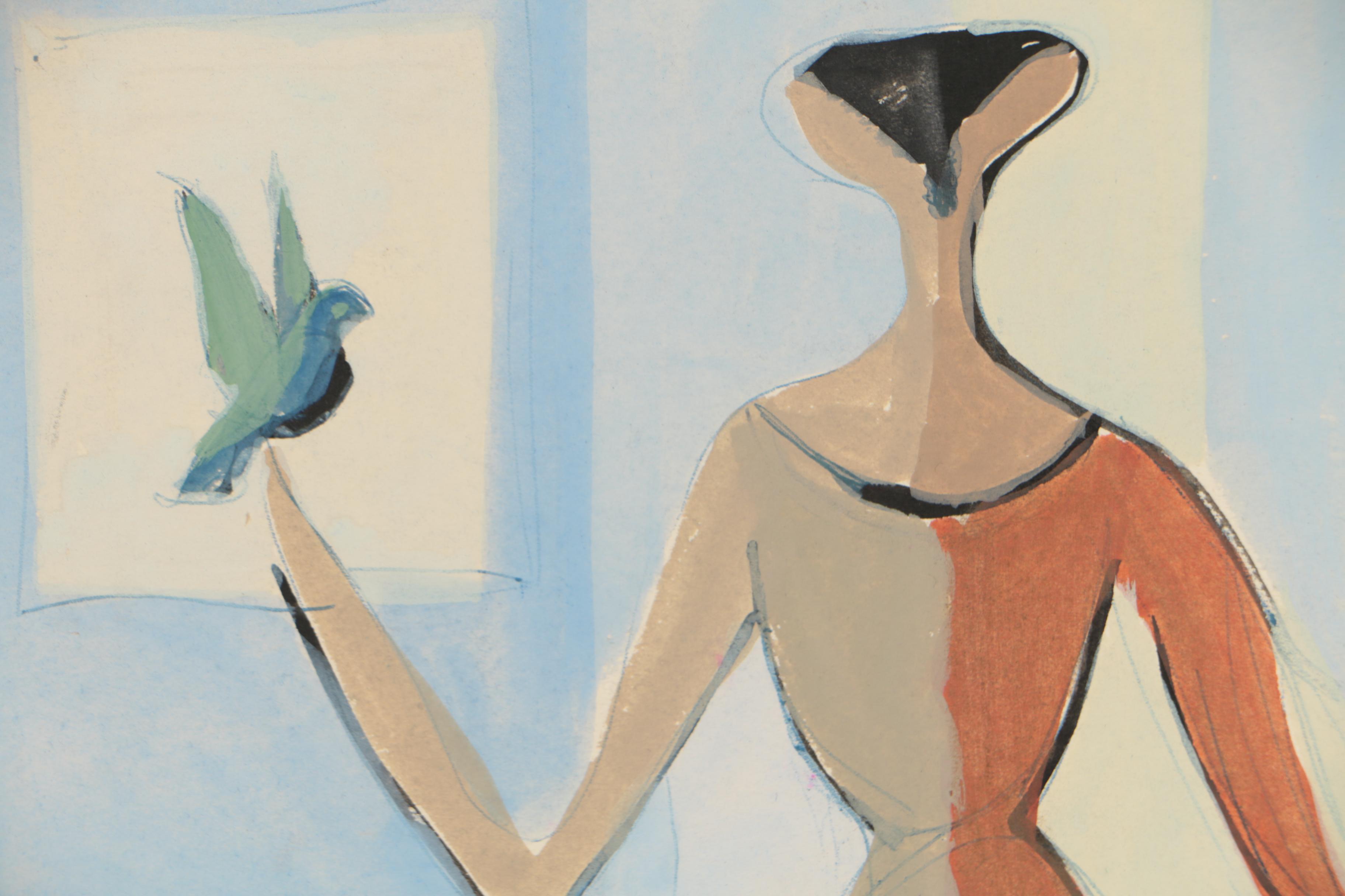 Edgar Yaeger 1952 Gouache Painting of Abstract Figural Scene