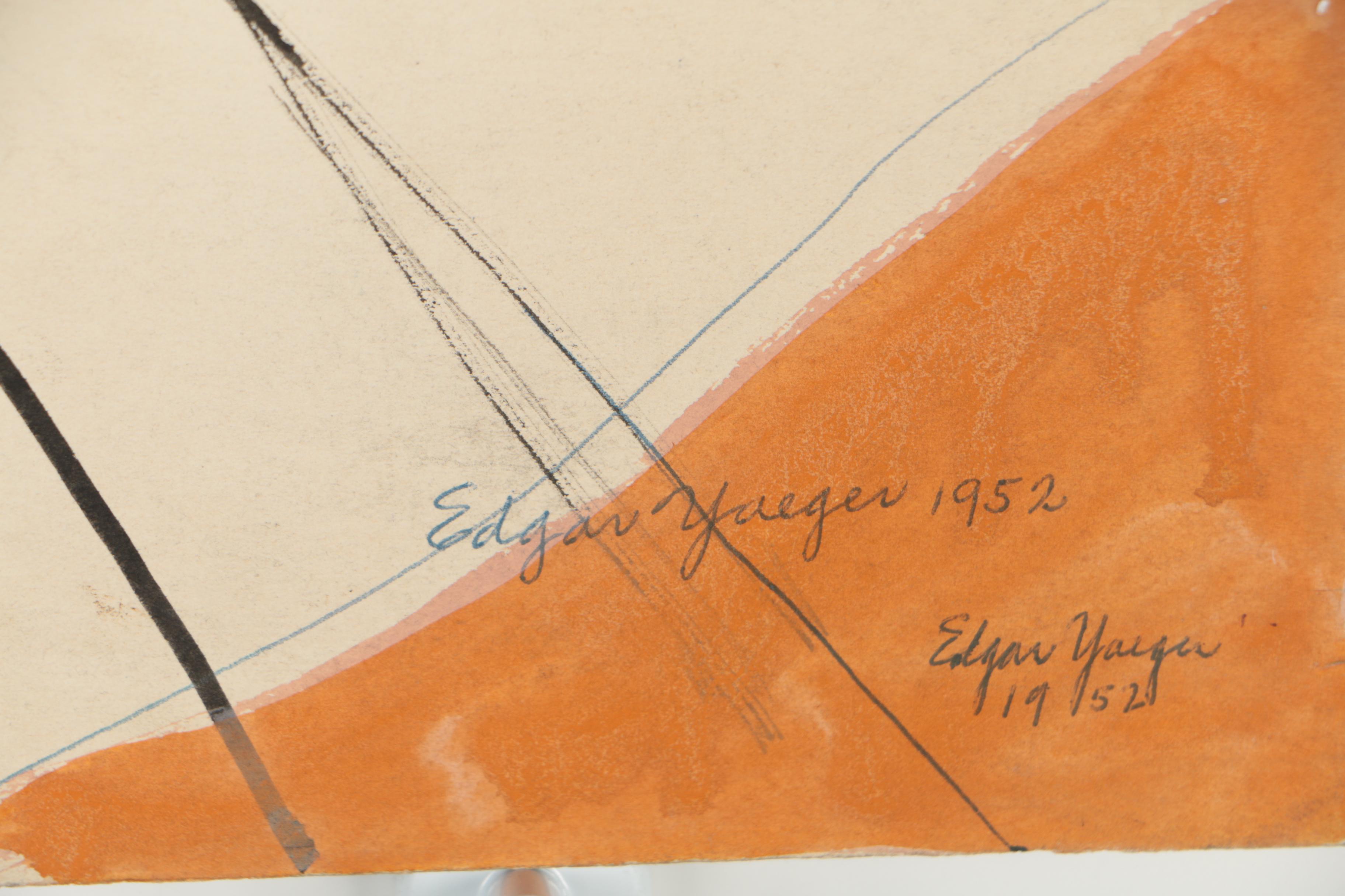 Edgar Yaeger 1952 Gouache Painting of Abstract Figural Scene