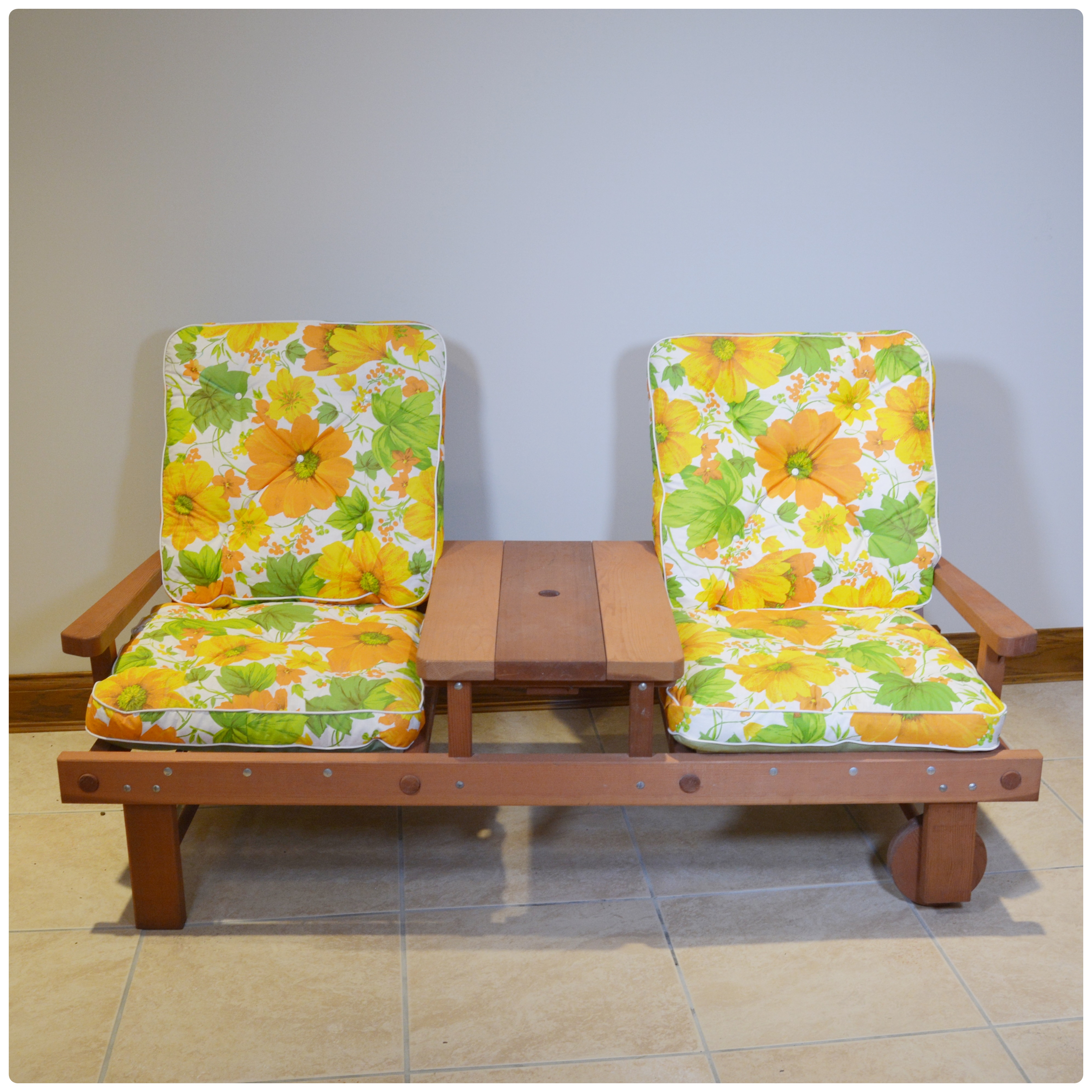 Cedar Two Seat Patio Bench with Center Table, Mid-20th Century