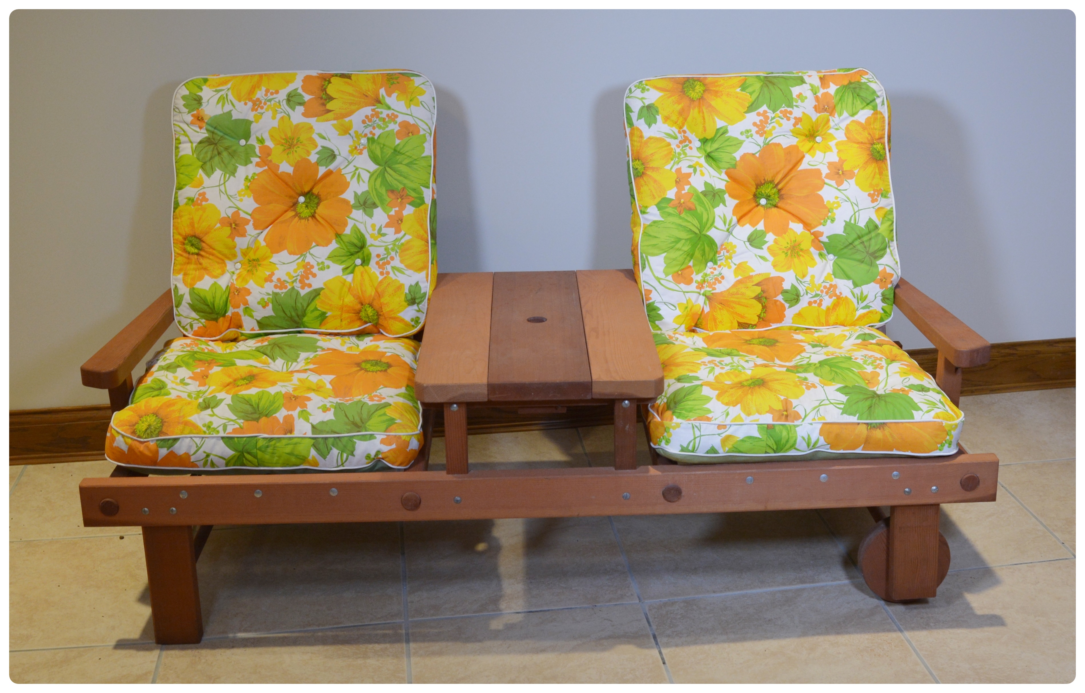 Cedar Two Seat Patio Bench with Center Table, Mid-20th Century