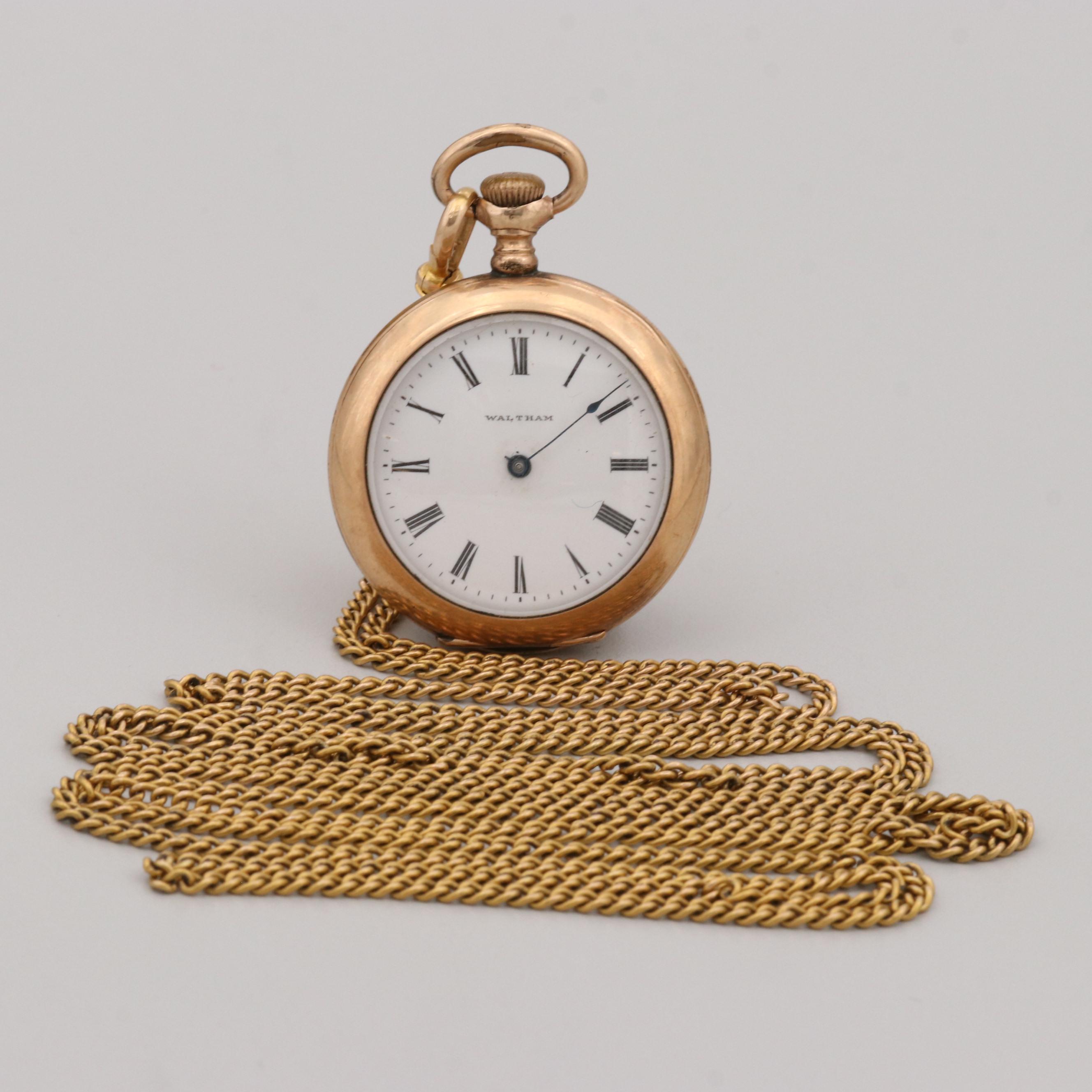 Antique Waltham Gold Filled Pocket Watch With 14K Yellow Gold Chain Fob, 1903