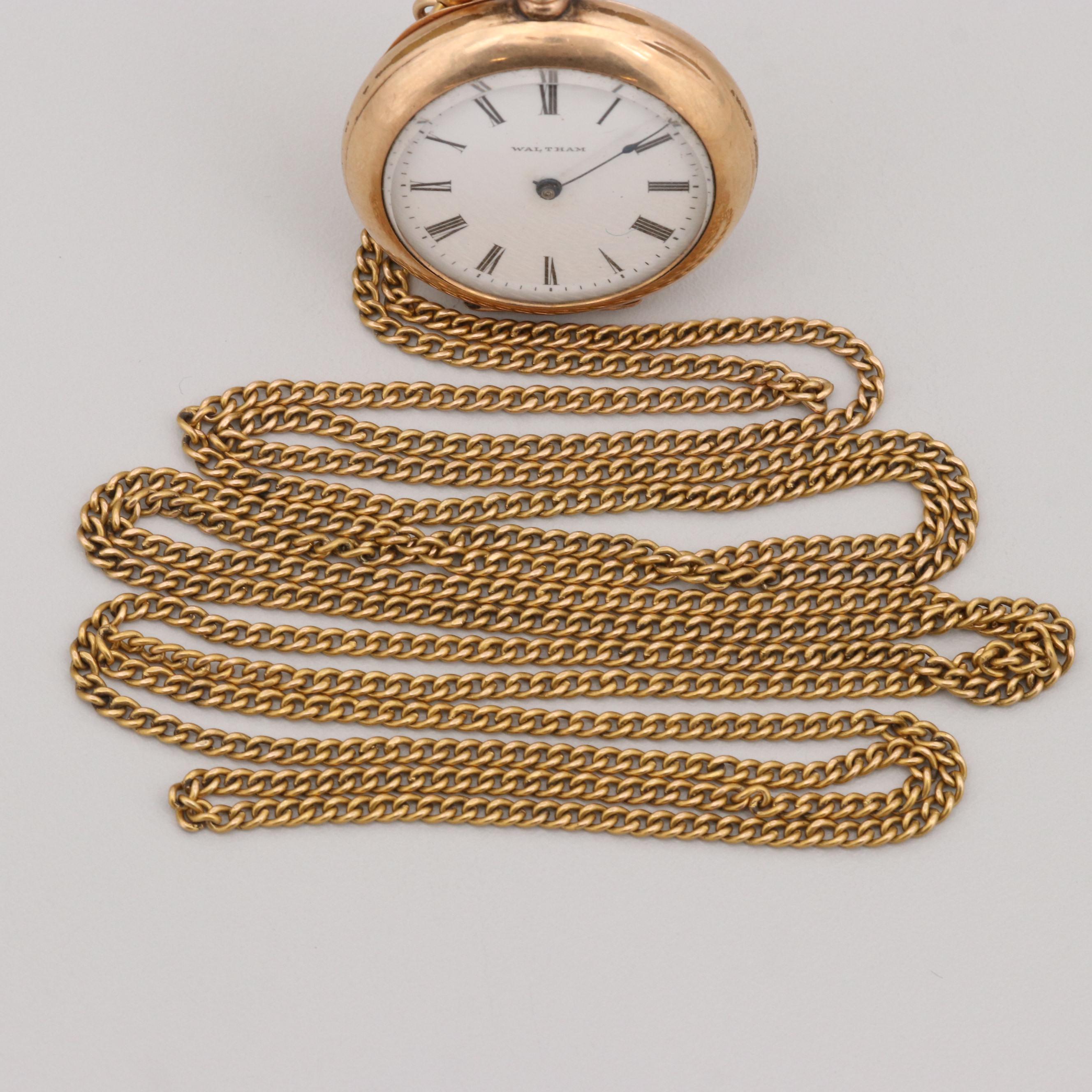Antique Waltham Gold Filled Pocket Watch With 14K Yellow Gold Chain Fob, 1903