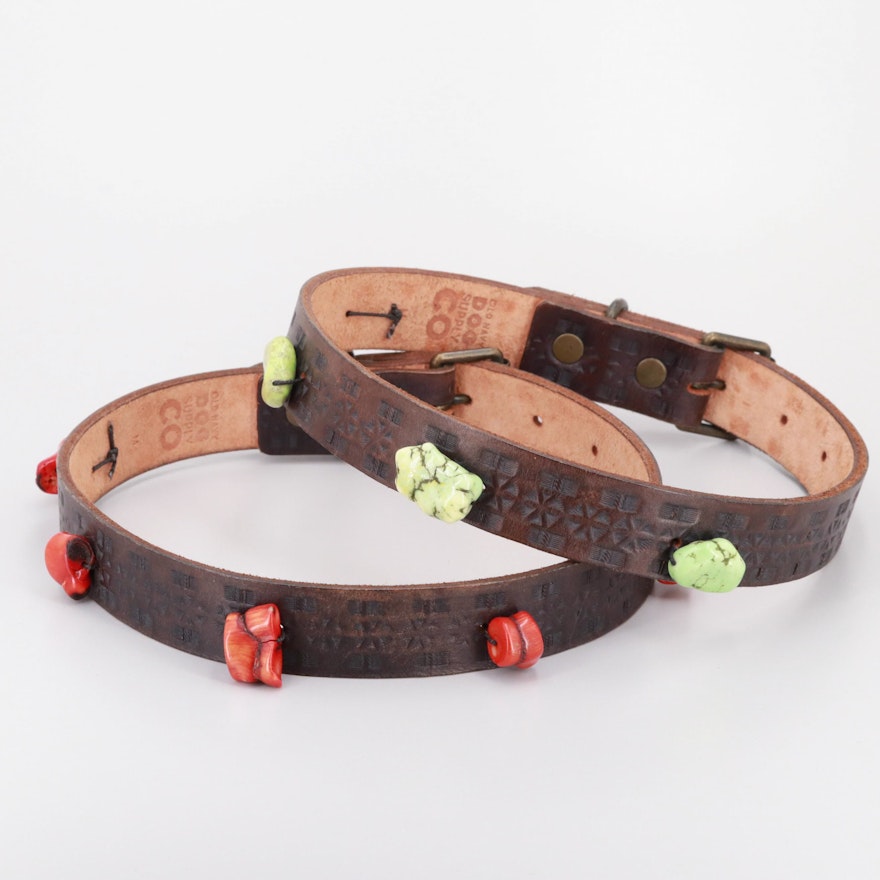 Old Navy Leather Dyed Coral and Dyed Magnesite Dog Collars