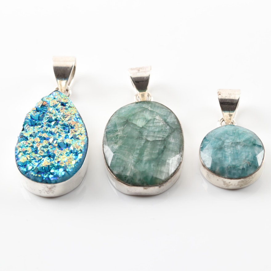 Sterling Silver Faux Druzy and Tourmaline Pendants