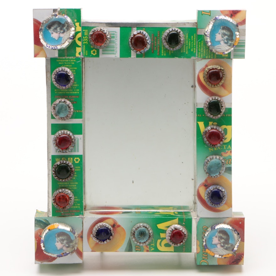 Mexican Vigor Peach Juice Can Frame Mirror with Bottle Cap Cabochons