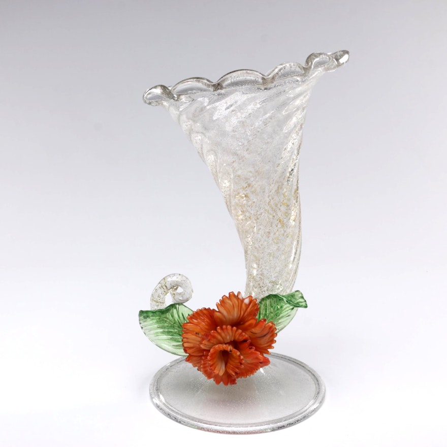 Venetian Glass Cornucopia Vase with Applied Glass Flower