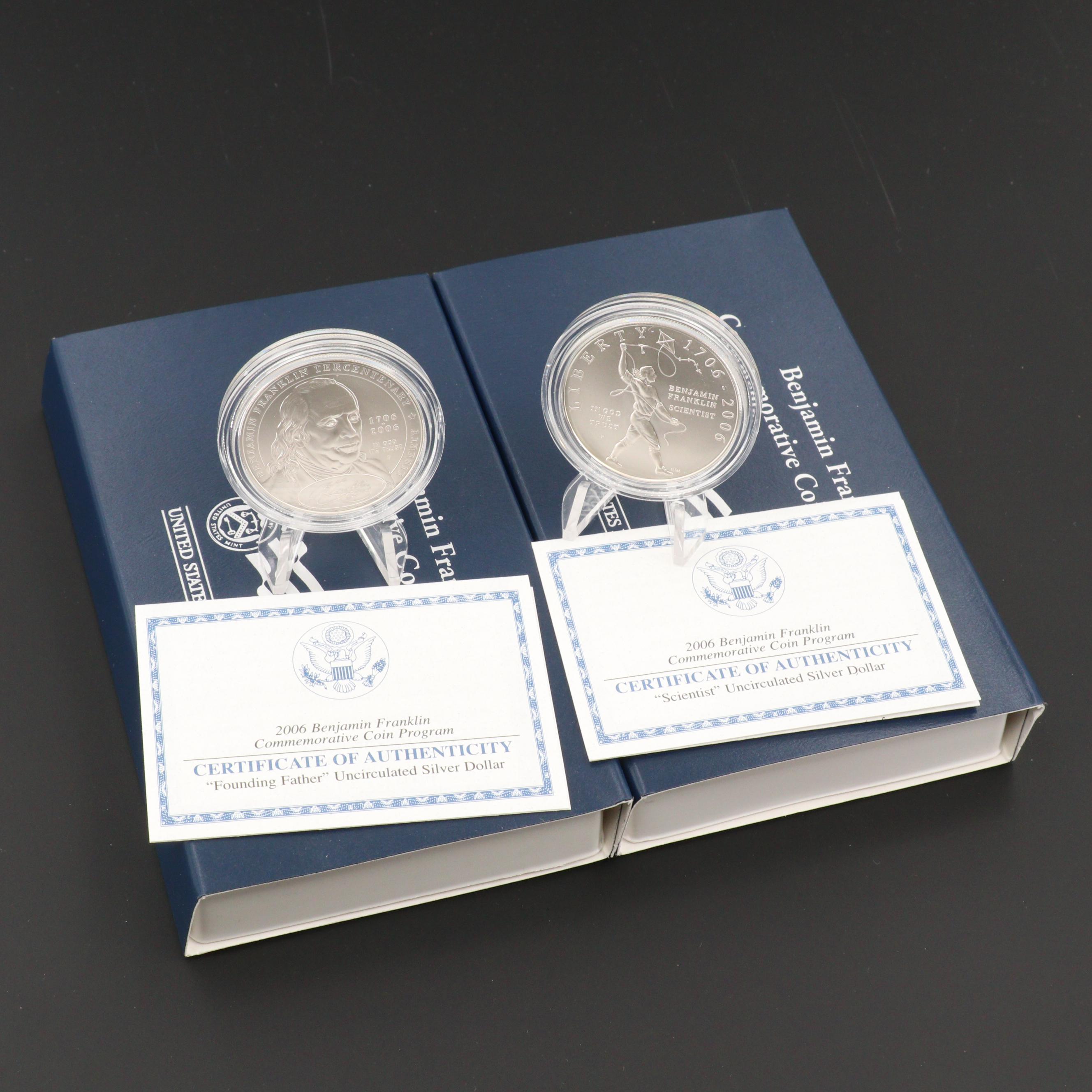 Two U.S. Commemorative Silver Dollars with 2006-P Benjamin Franklin "Scientist"
