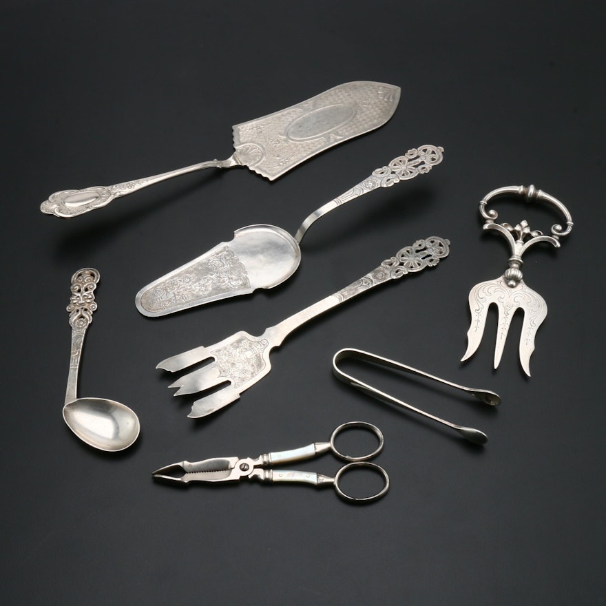 Gorham Sterling Silver Sugar Tongs and Silver Plate Serving Utensils