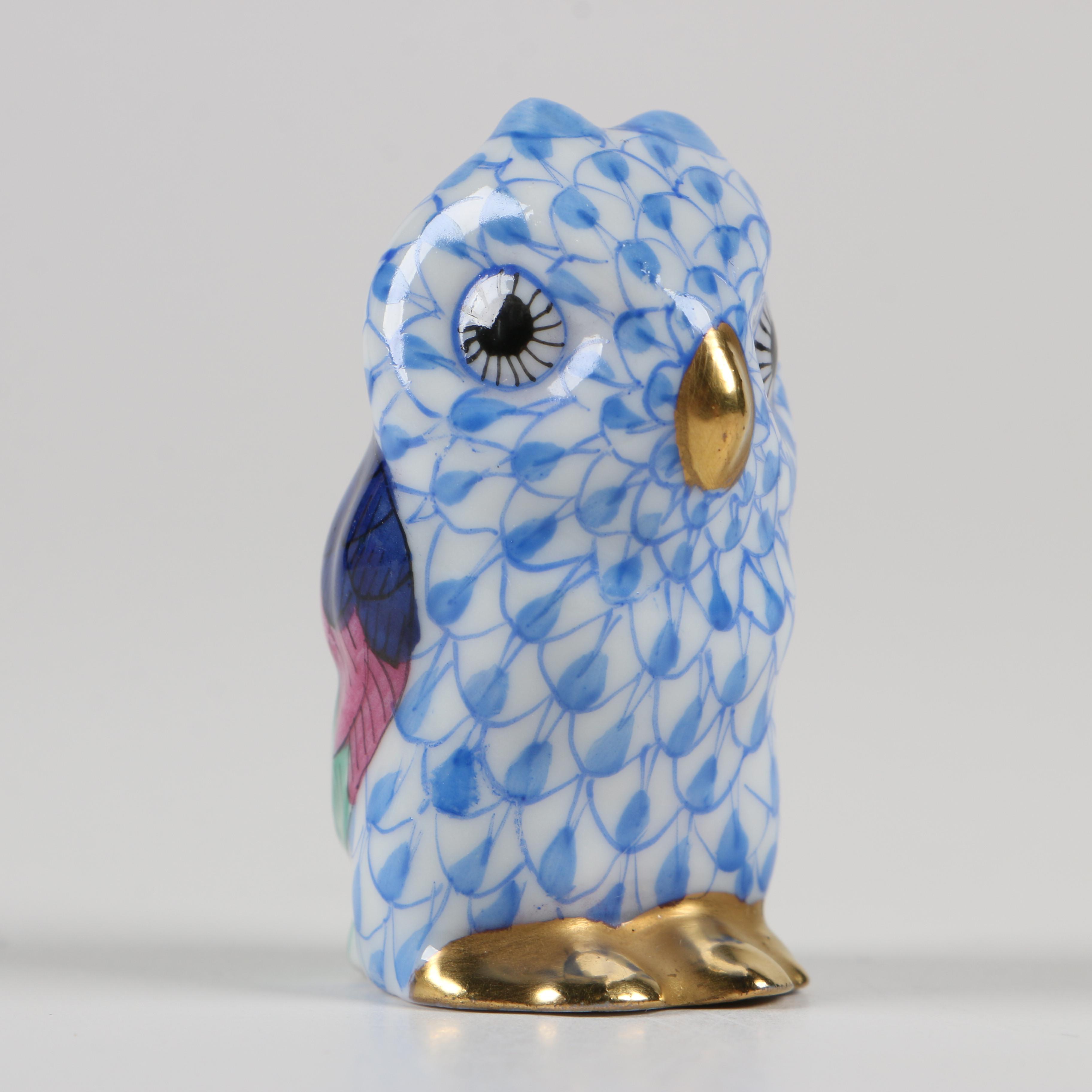 Herend 150th Anniversary Blue Fishnet "Miniature Owl" Porcelain Figurine, 1976