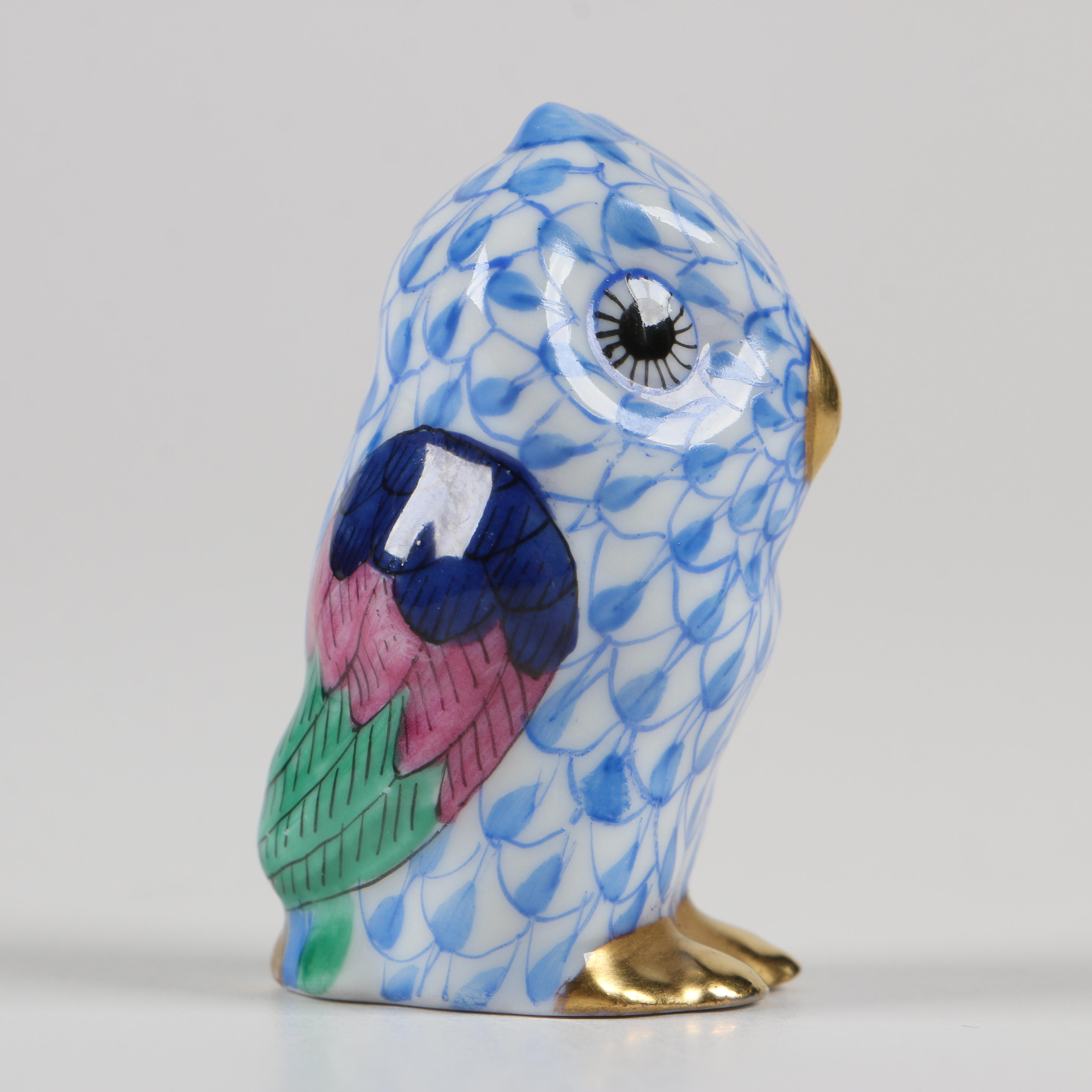 Herend 150th Anniversary Blue Fishnet "Miniature Owl" Porcelain Figurine, 1976