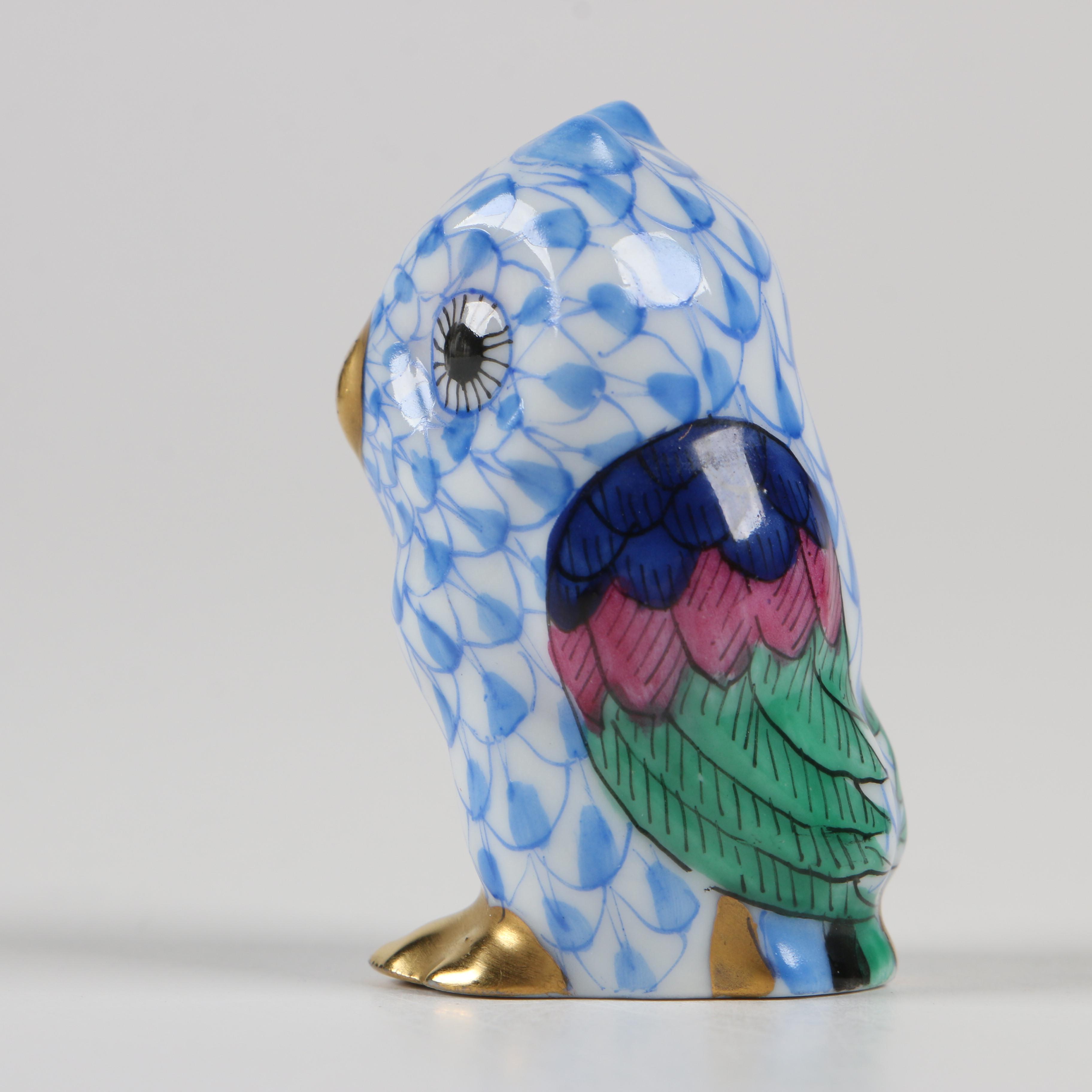 Herend 150th Anniversary Blue Fishnet "Miniature Owl" Porcelain Figurine, 1976