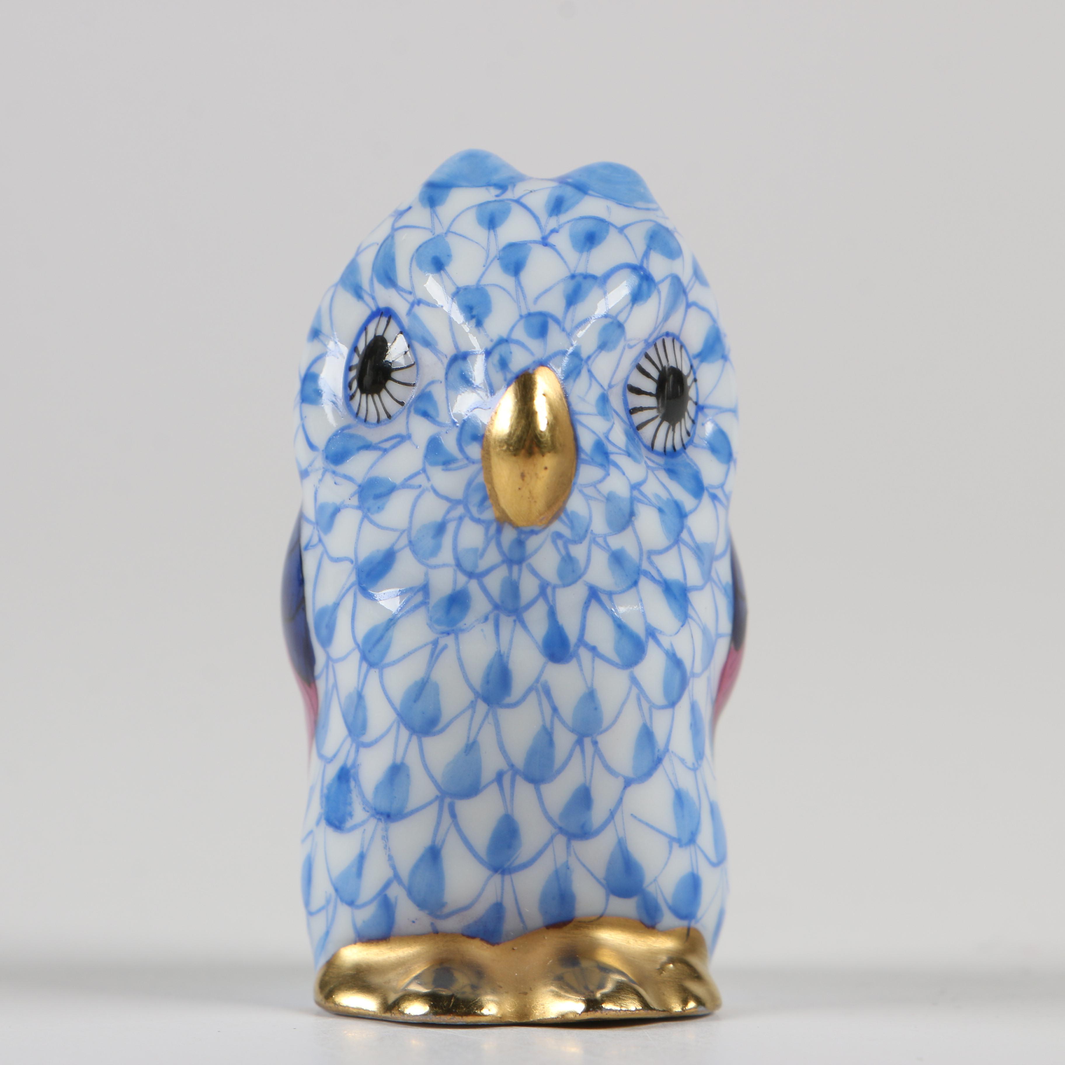 Herend 150th Anniversary Blue Fishnet "Miniature Owl" Porcelain Figurine, 1976