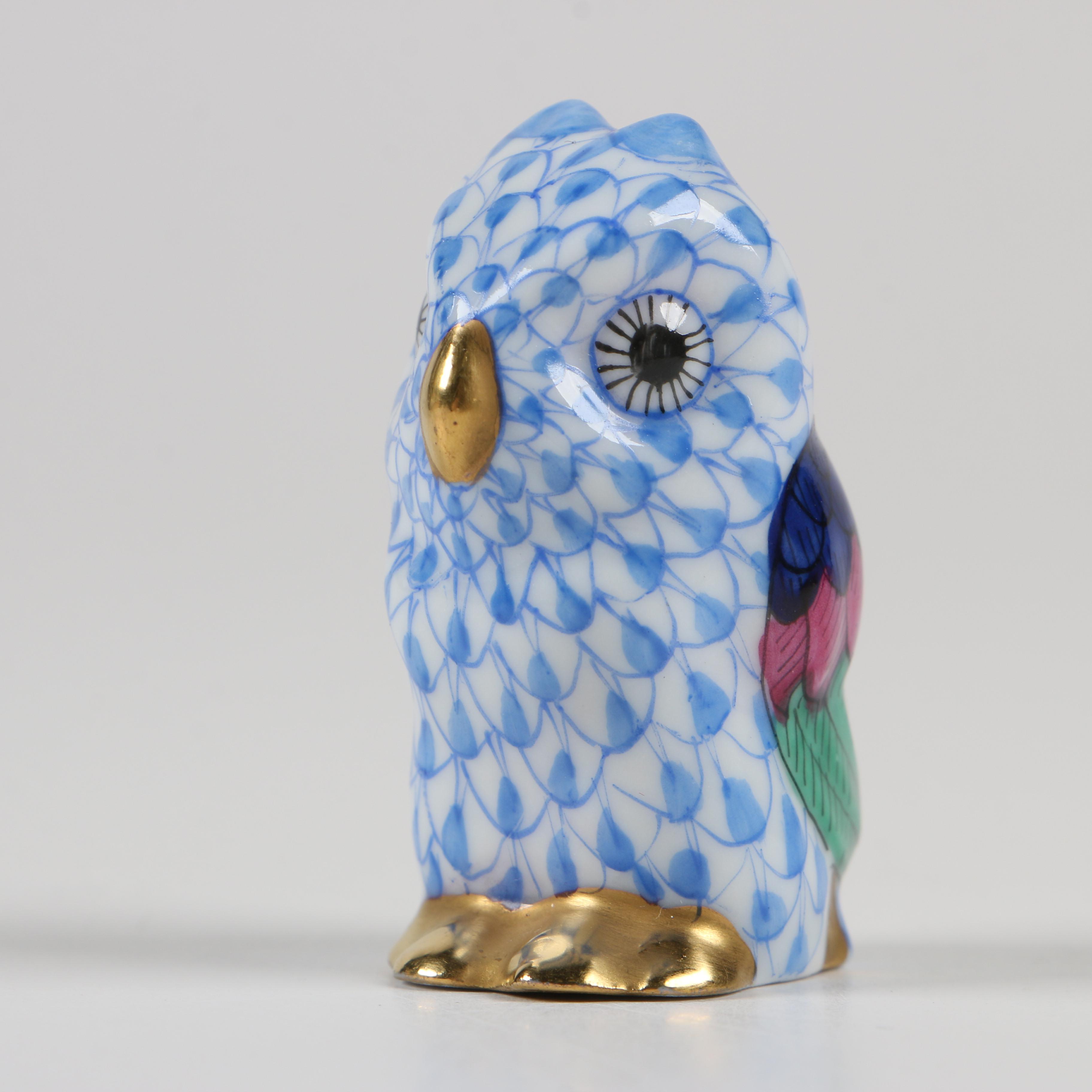 Herend 150th Anniversary Blue Fishnet "Miniature Owl" Porcelain Figurine, 1976