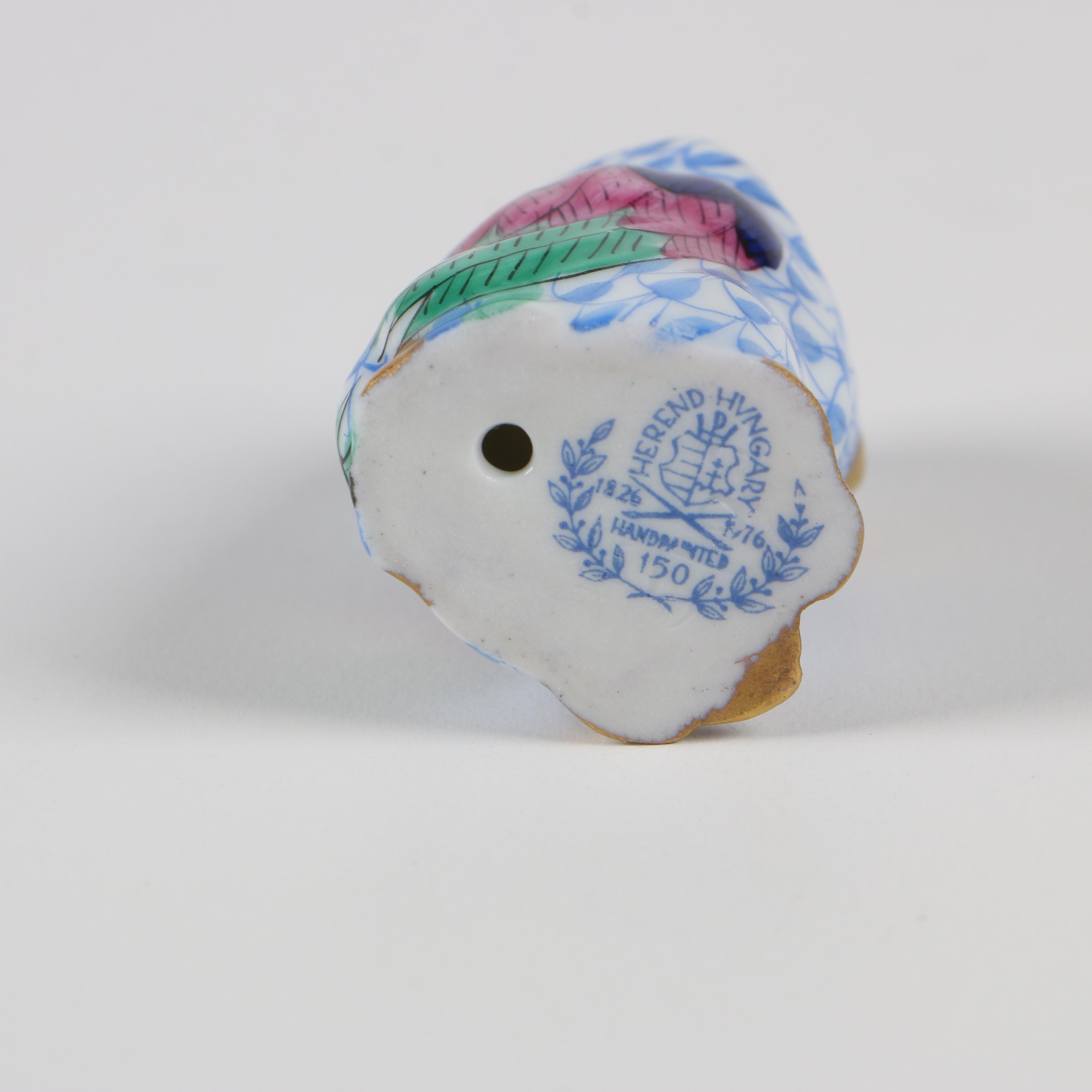 Herend 150th Anniversary Blue Fishnet "Miniature Owl" Porcelain Figurine, 1976