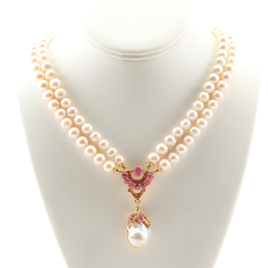 Sterling Silver Freshwater Pearl 6.21 CTW Ruby Necklace With Baroque Pearl Drop