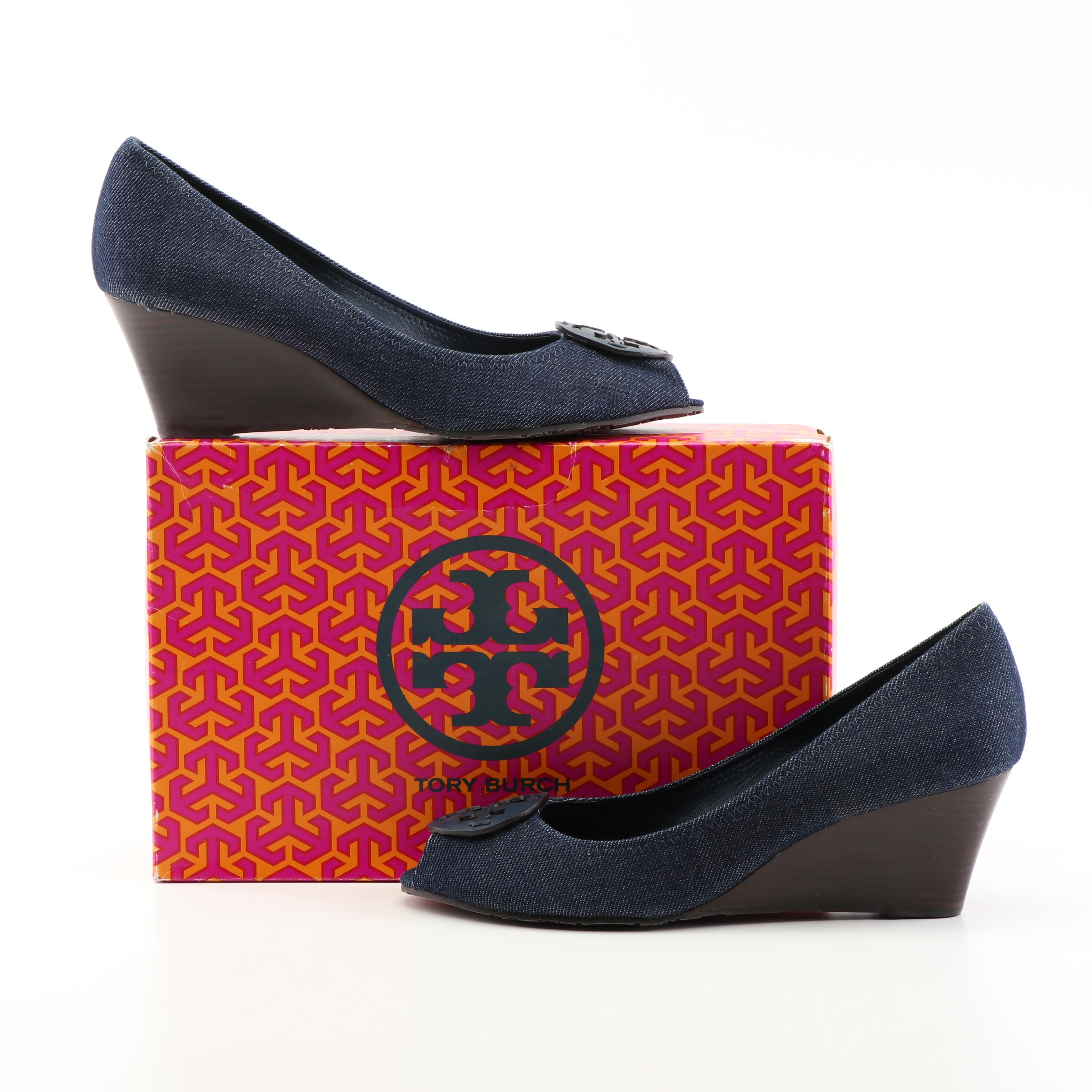Tory Burch Blue Denim Peep-Toe Sally Wedges
