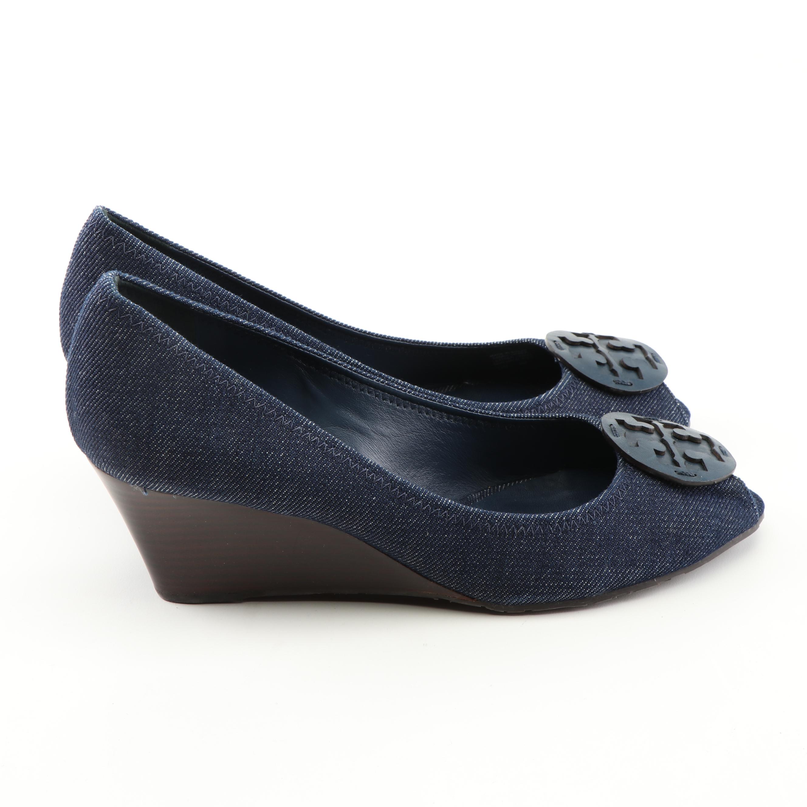 Tory Burch Blue Denim Peep-Toe Sally Wedges