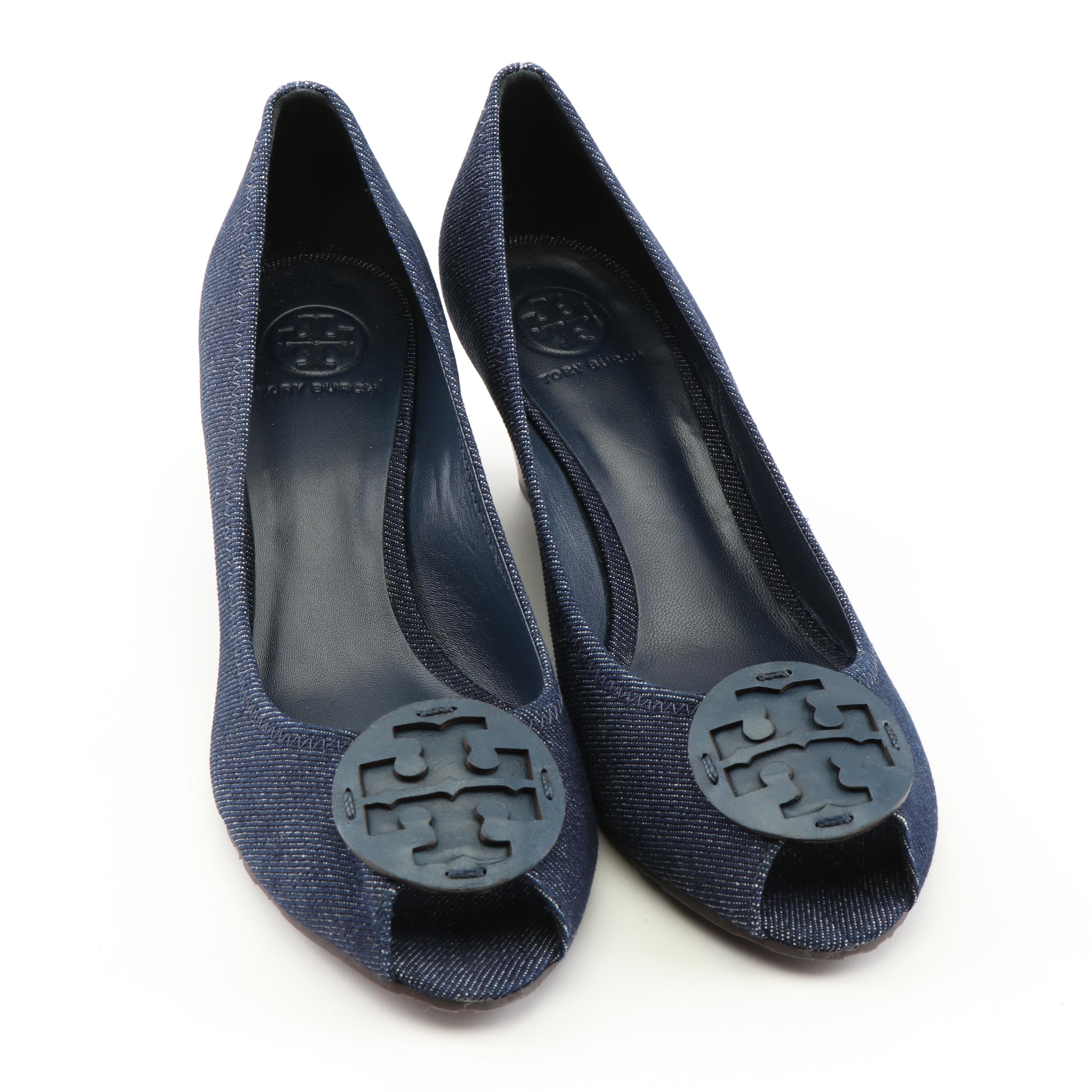 Tory Burch Blue Denim Peep-Toe Sally Wedges