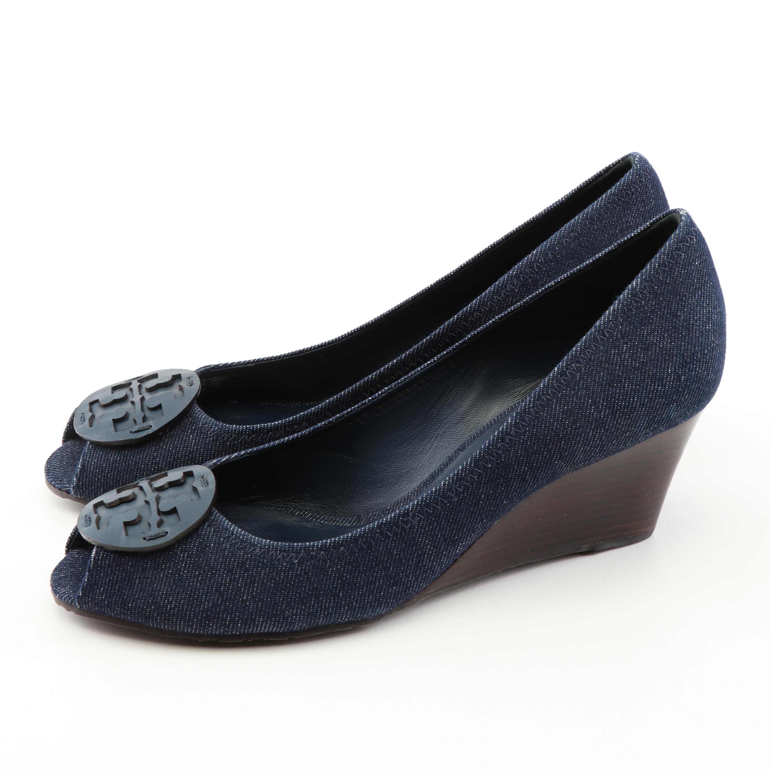 Tory Burch Blue Denim Peep-Toe Sally Wedges