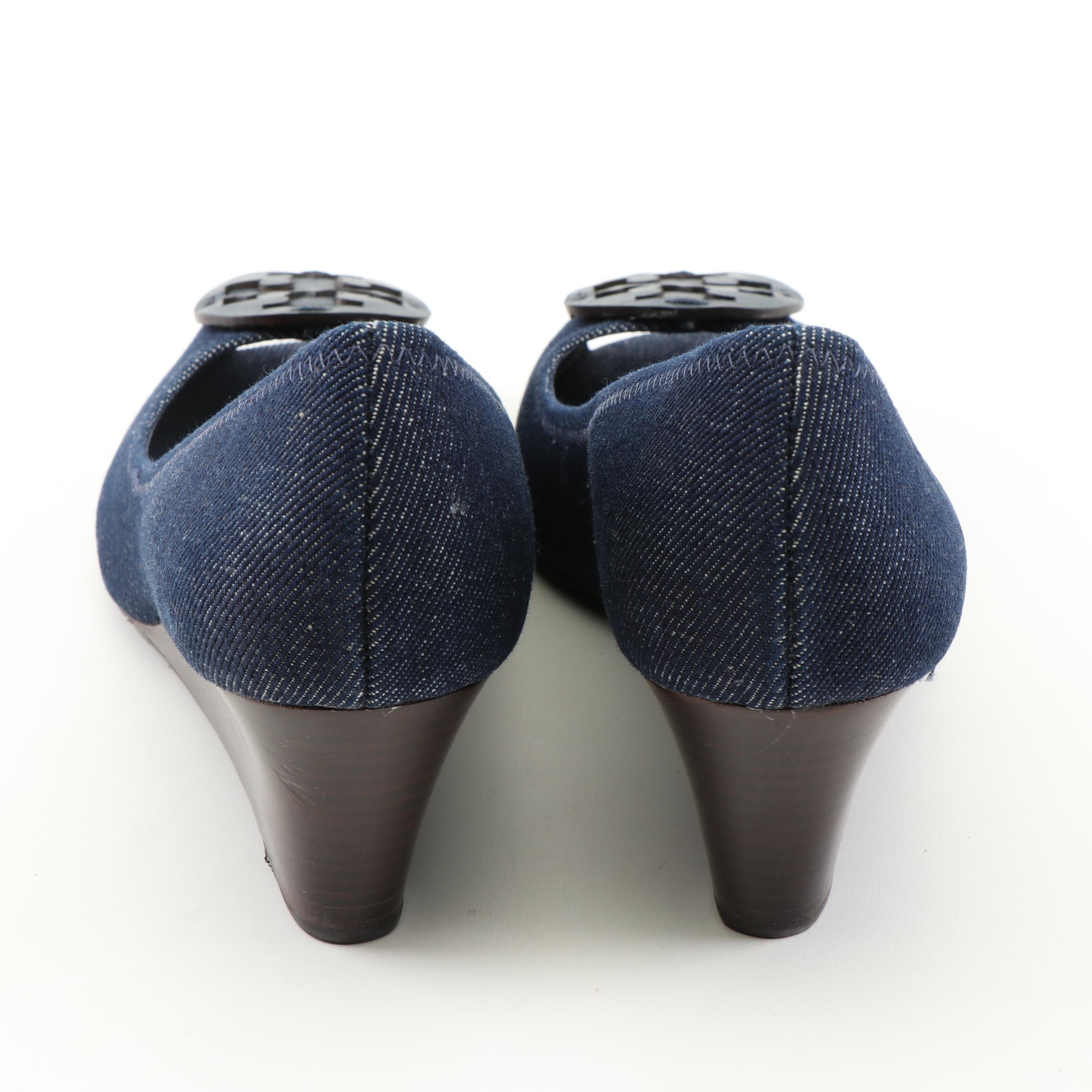 Tory Burch Blue Denim Peep-Toe Sally Wedges