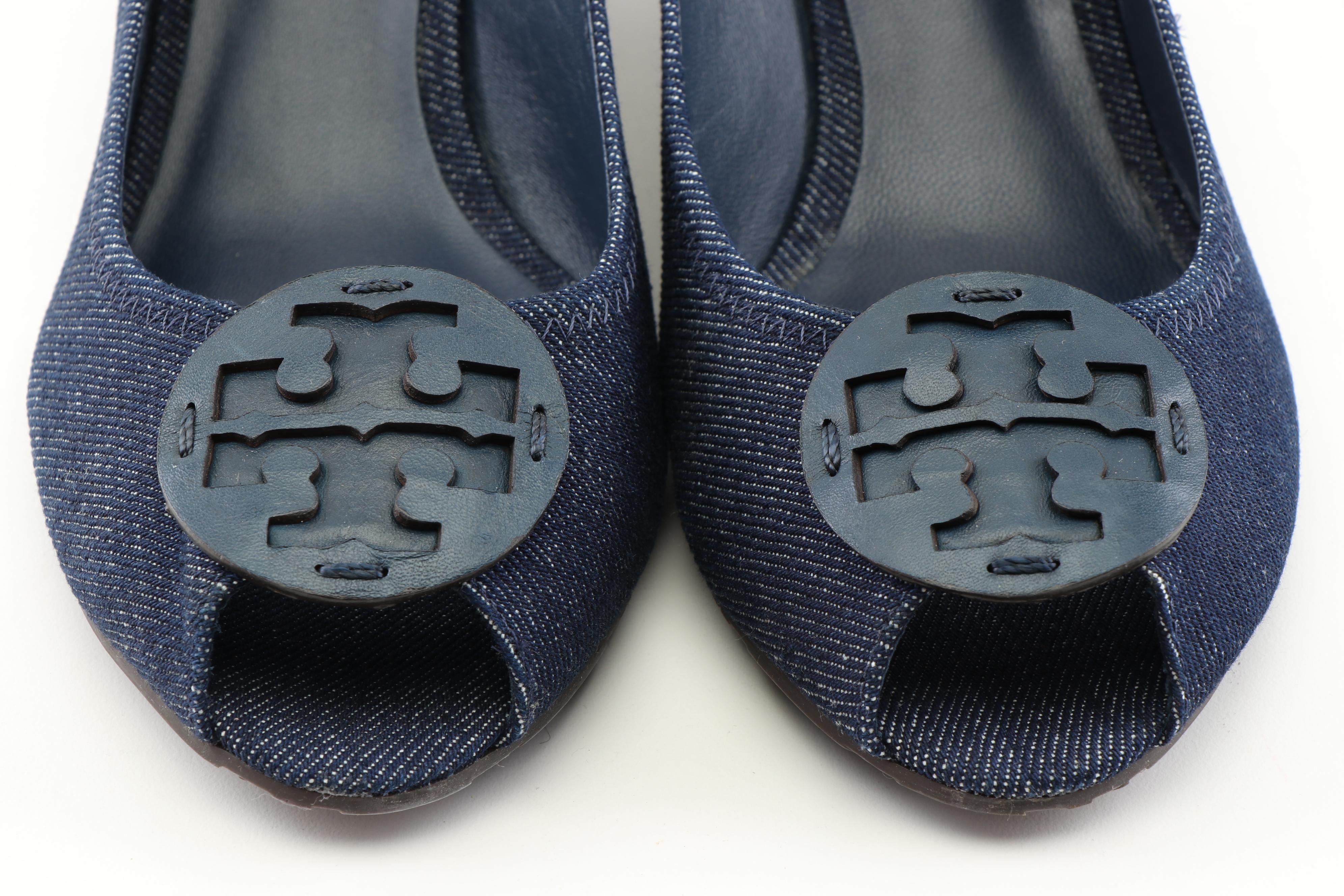 Tory Burch Blue Denim Peep-Toe Sally Wedges