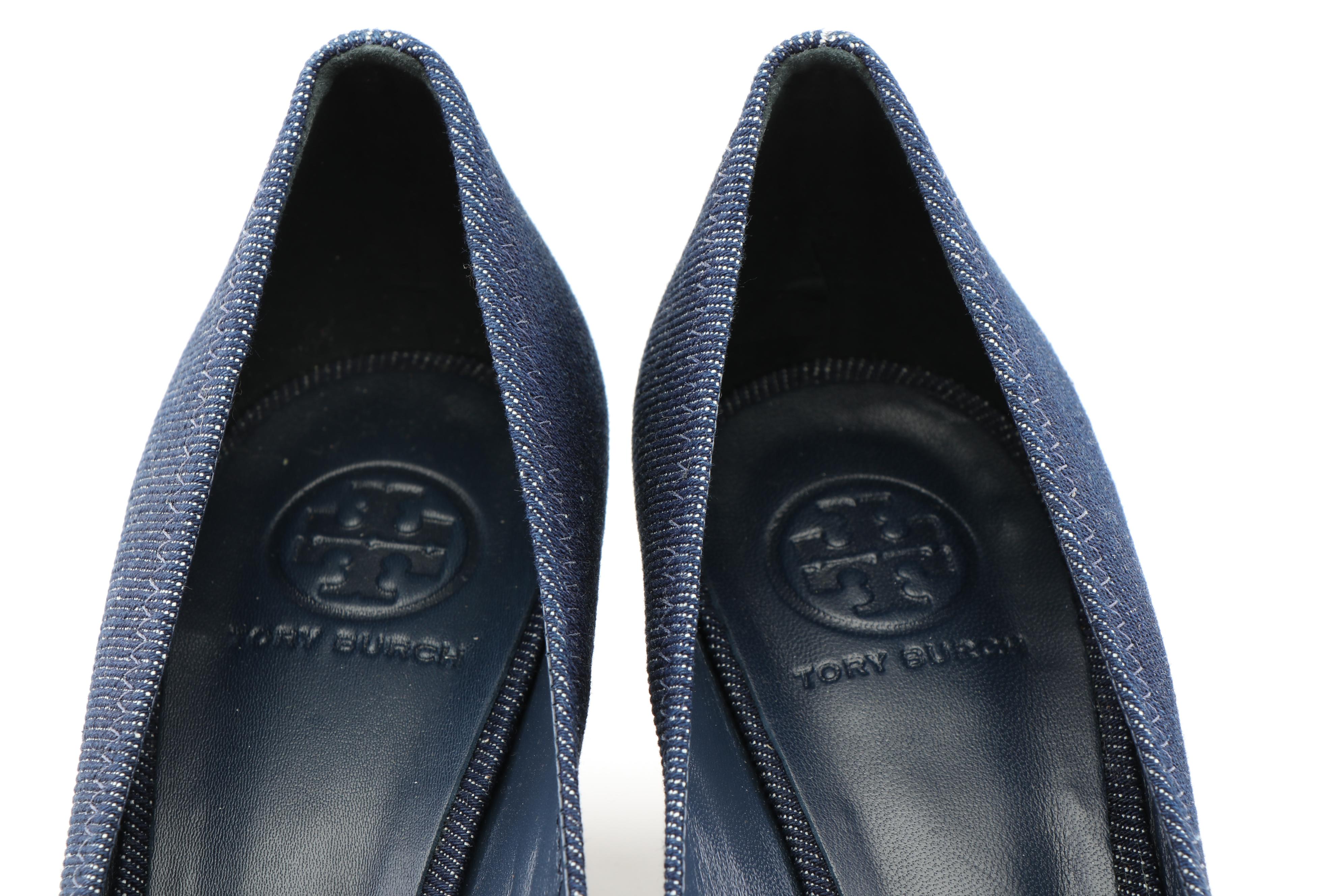 Tory Burch Blue Denim Peep-Toe Sally Wedges