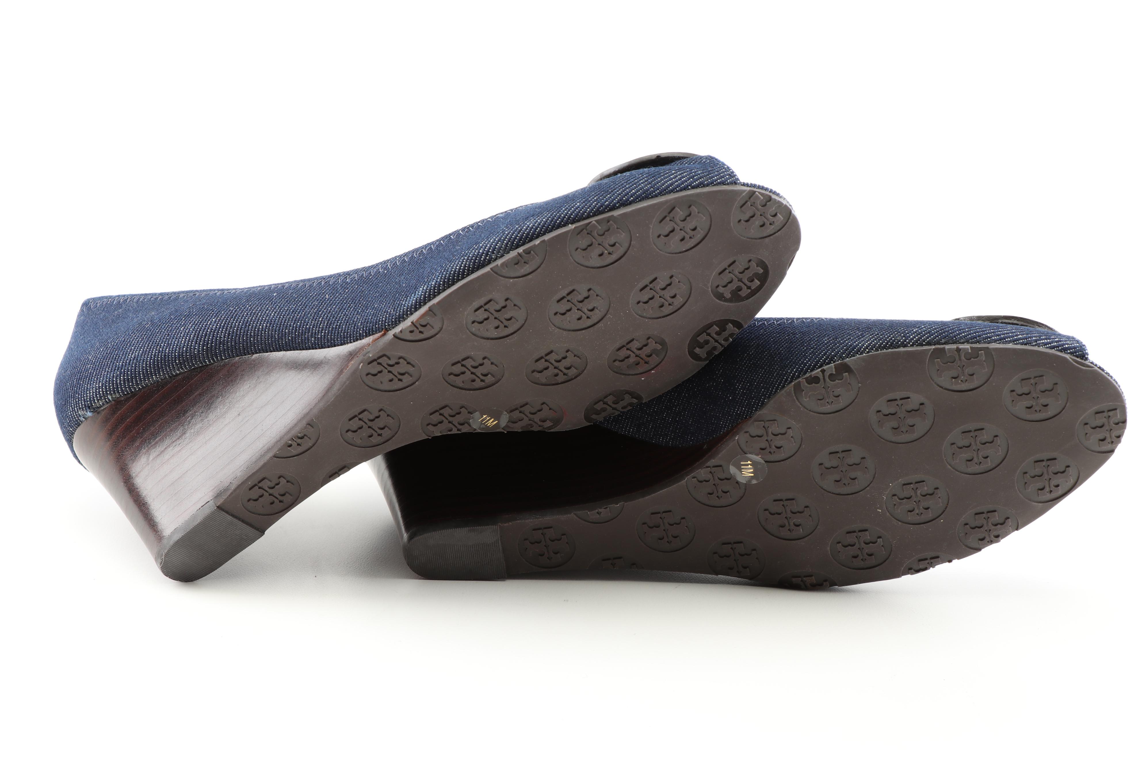 Tory Burch Blue Denim Peep-Toe Sally Wedges