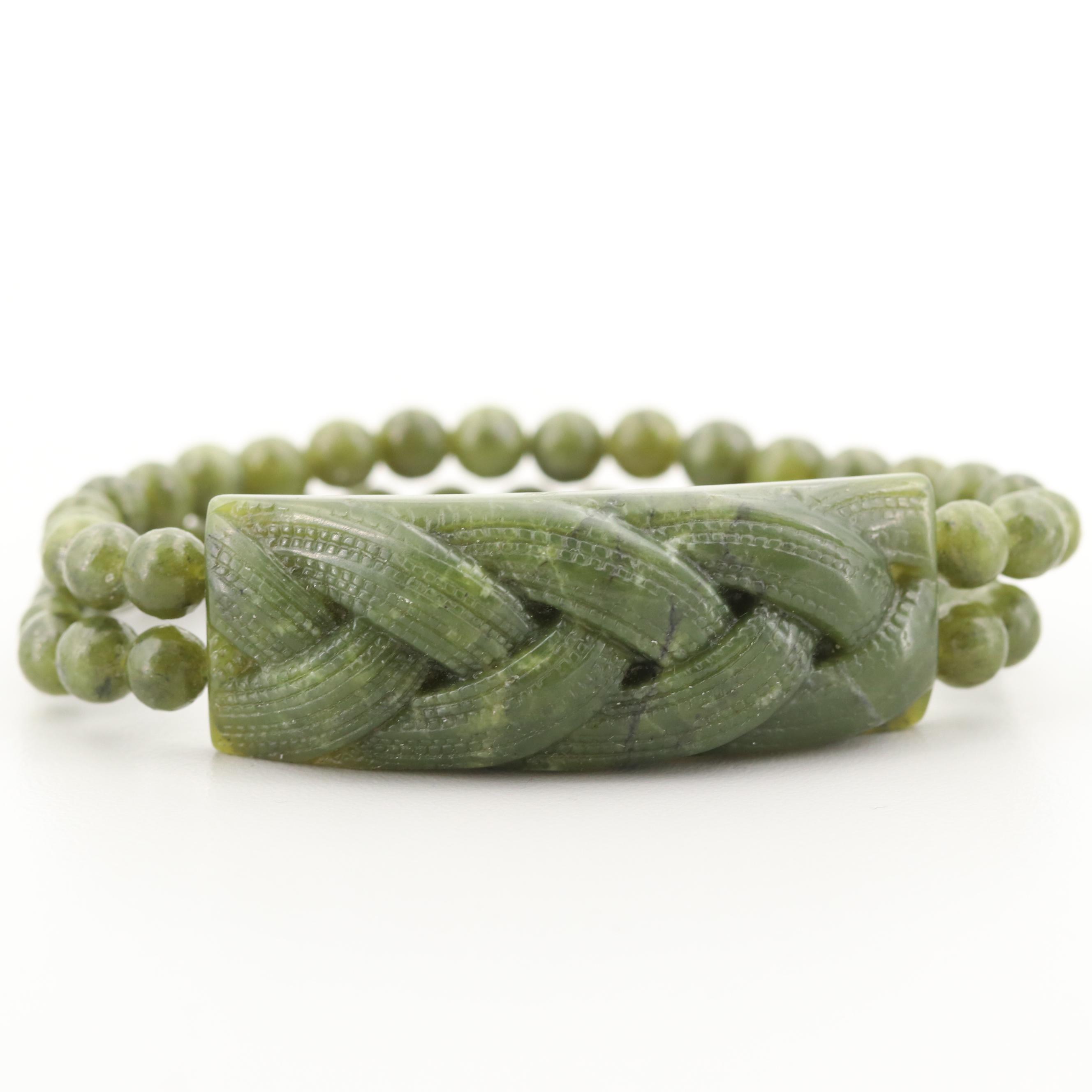 Nephrite Carved Braid Motif Double Strand Bracelet