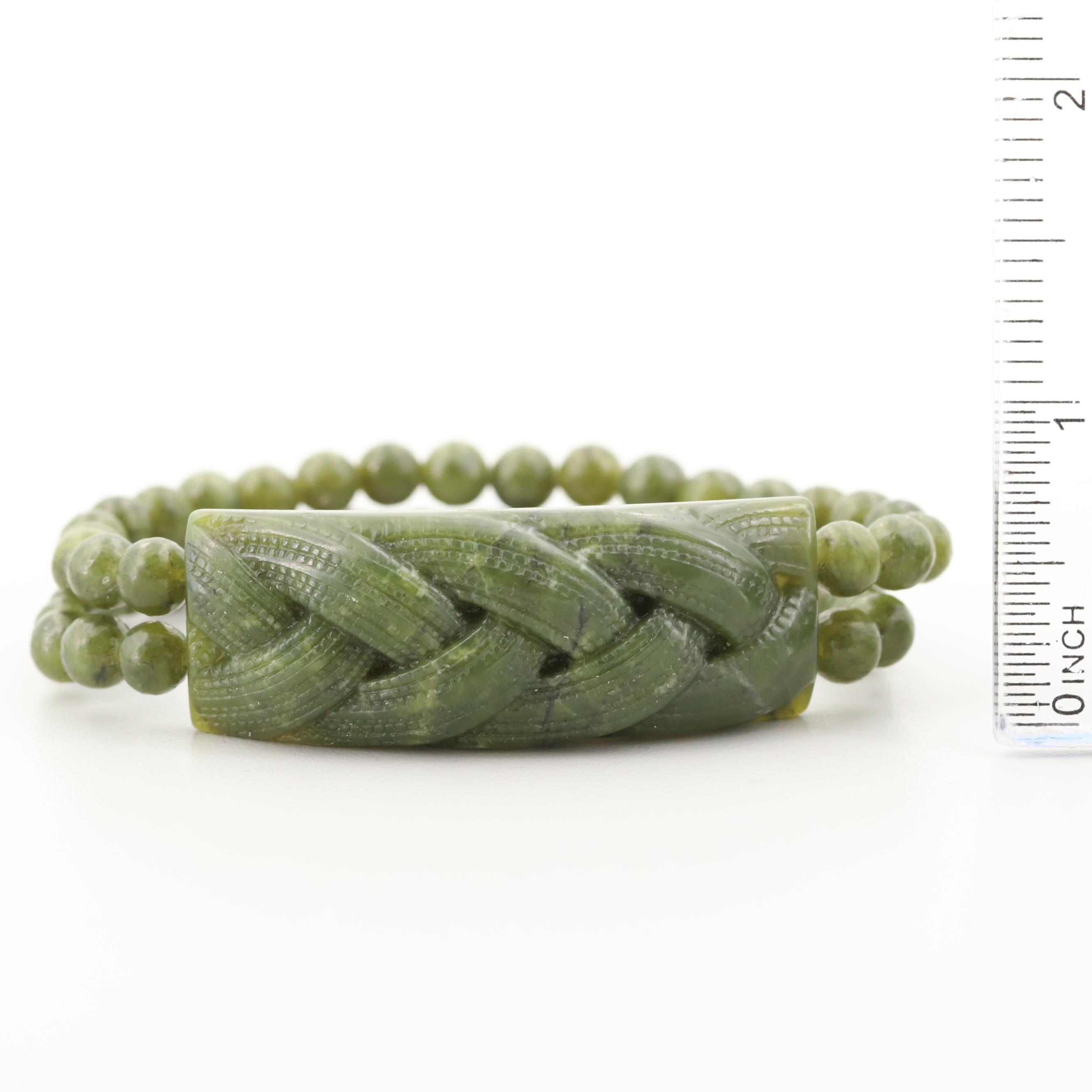 Nephrite Carved Braid Motif Double Strand Bracelet