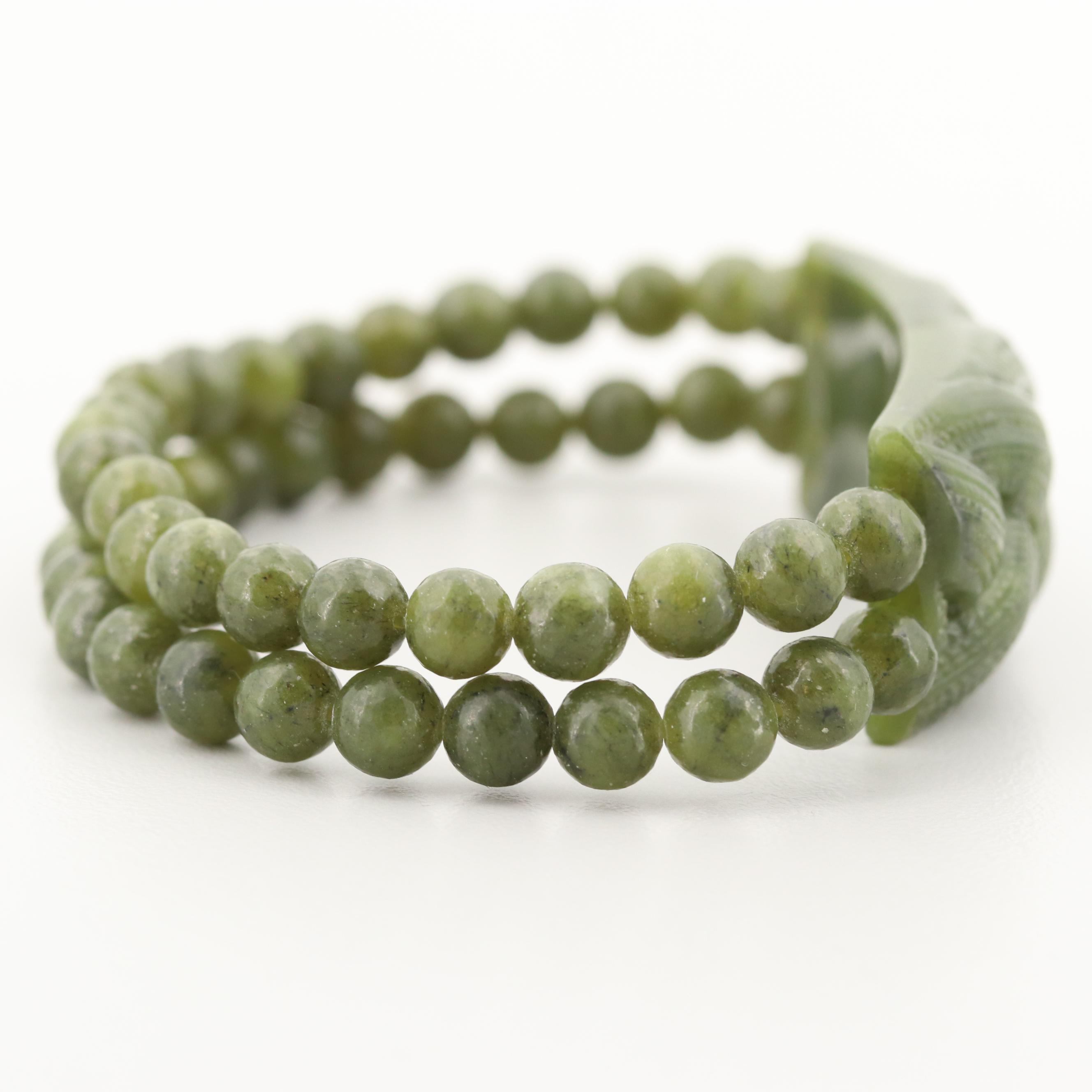 Nephrite Carved Braid Motif Double Strand Bracelet