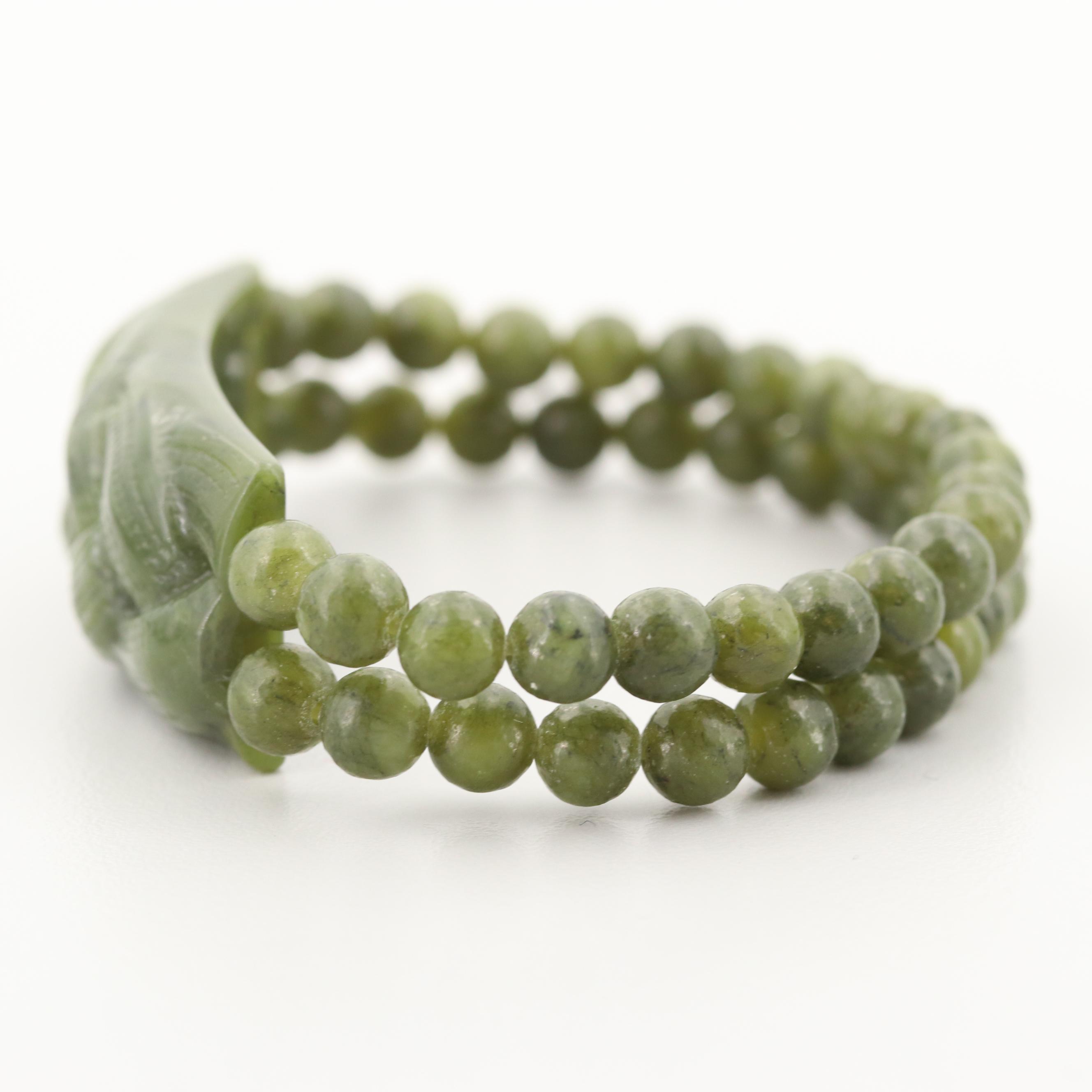 Nephrite Carved Braid Motif Double Strand Bracelet