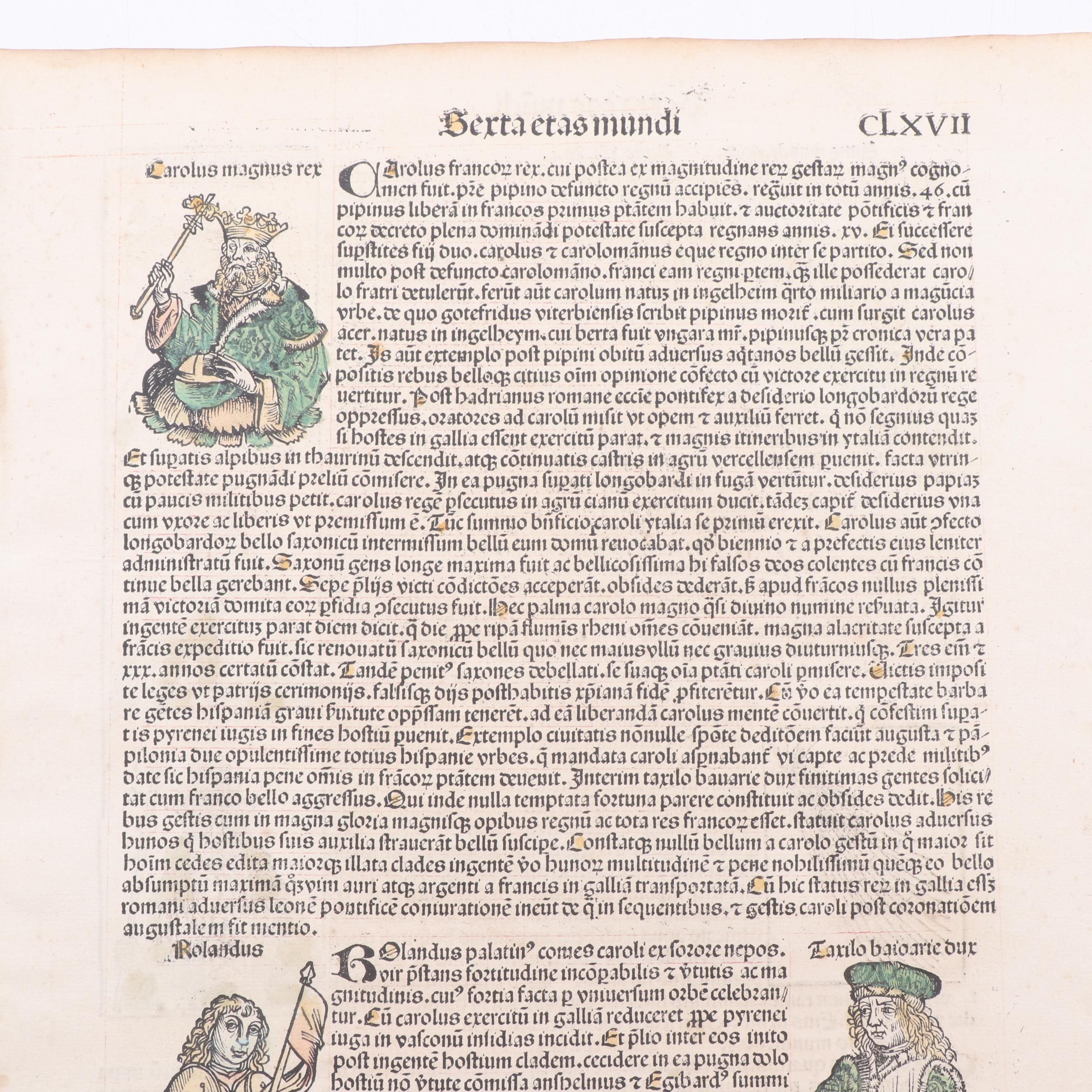 Leaf from circa 1493 "Nuremberg Chronicle" with Hand-Colored Woodcuts