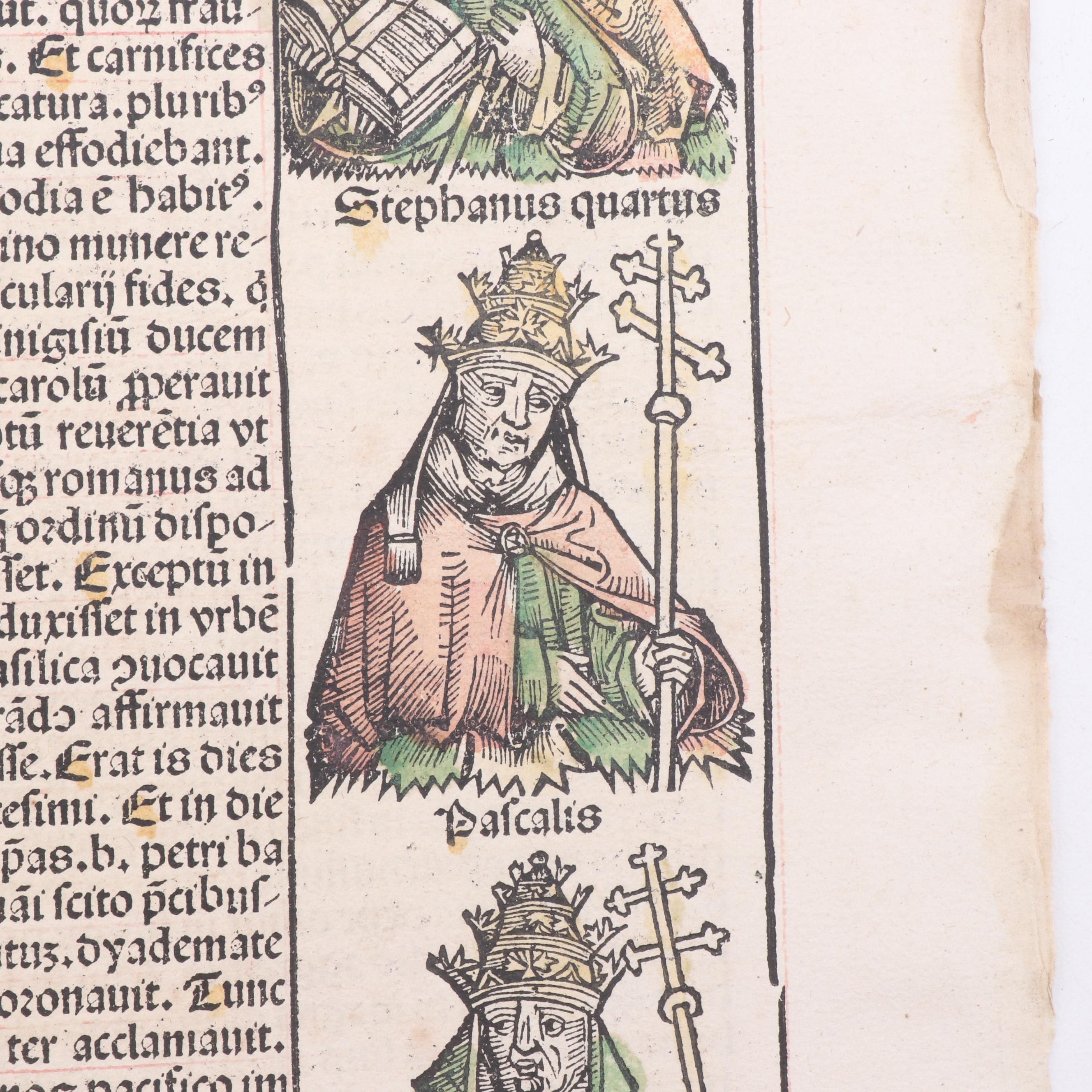 Leaf from circa 1493 "Nuremberg Chronicle" with Hand-Colored Woodcuts