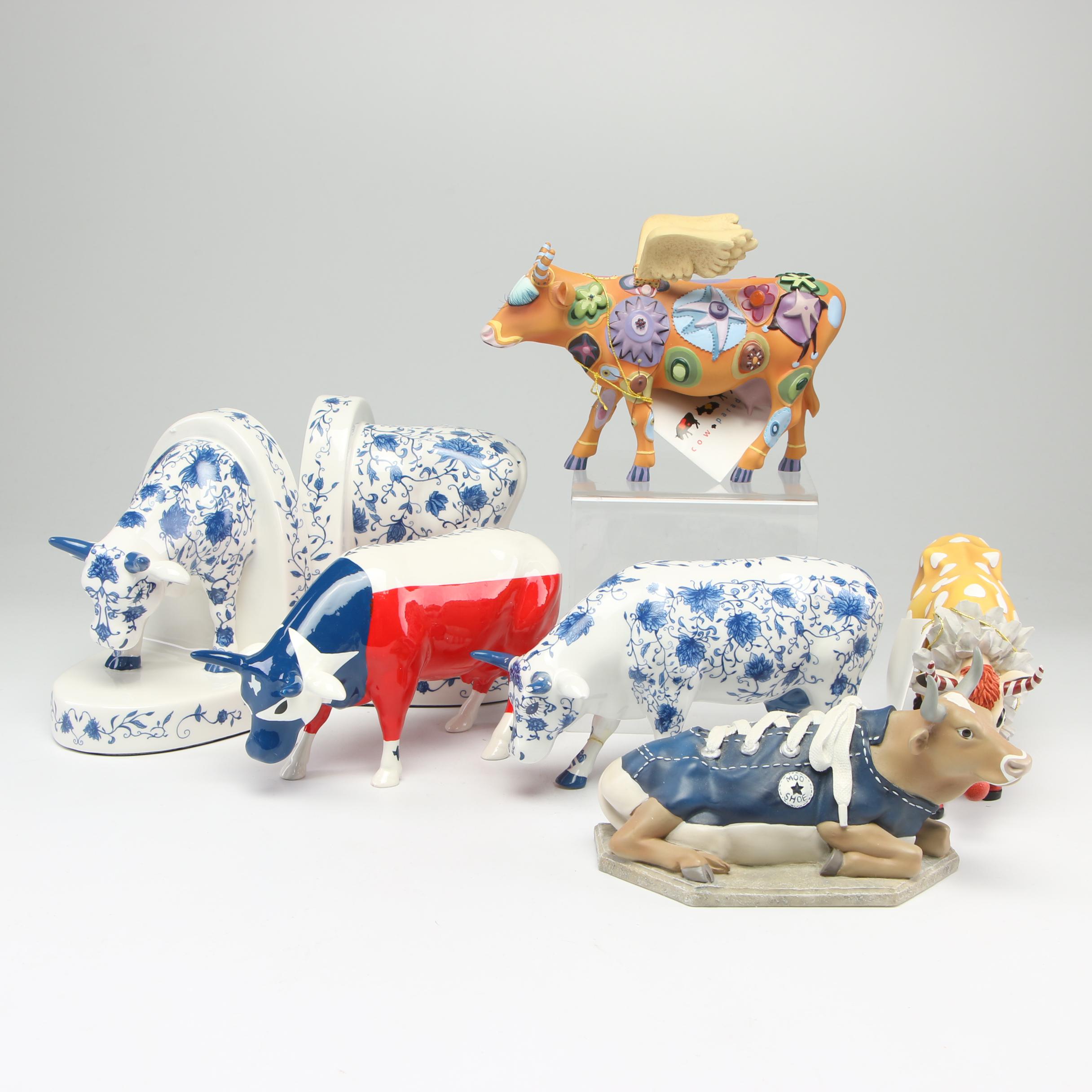 Cow Parade Figurines and Bookends Including "MooShoe" and "AngeliCow"