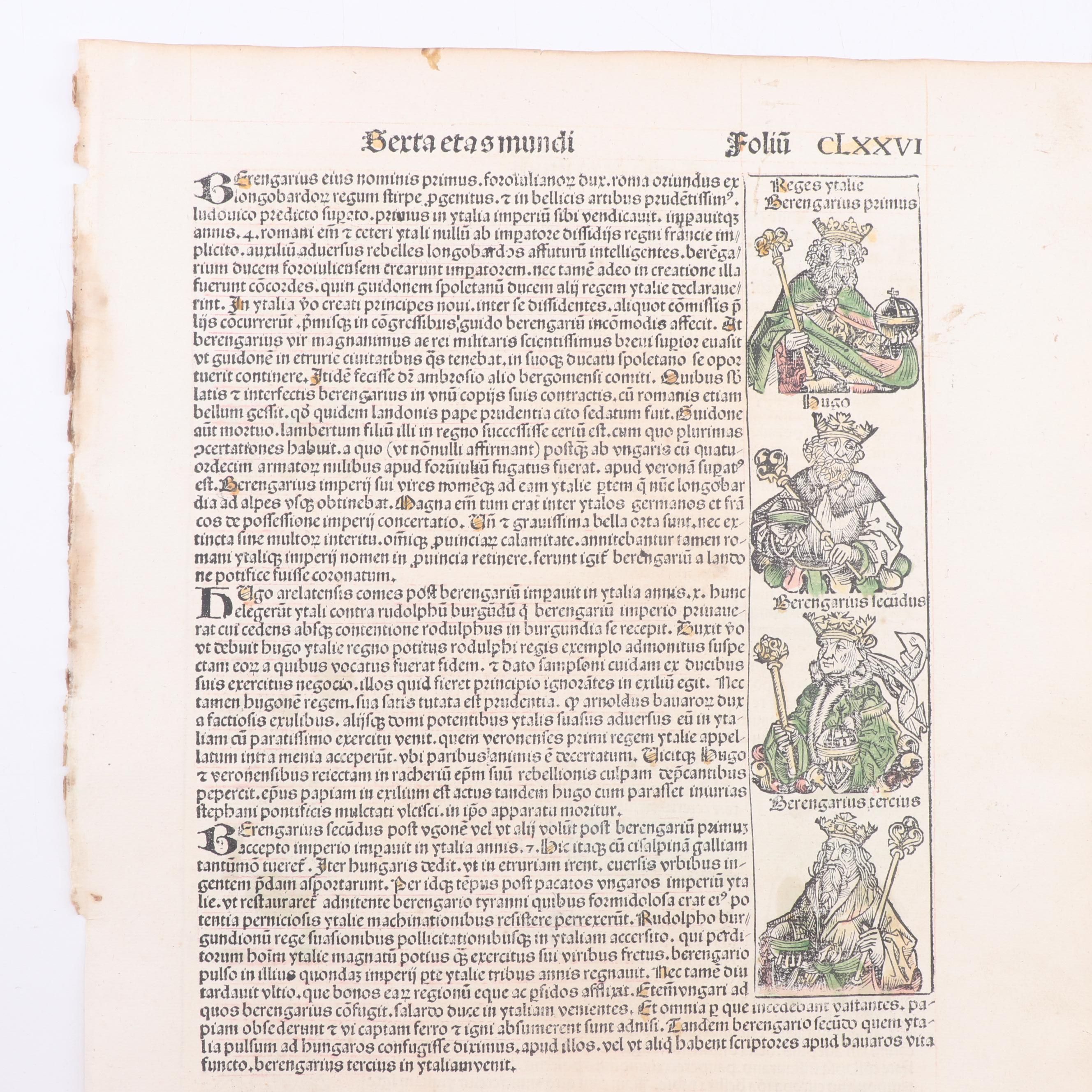 Bifolium from circa 1493 "Nuremberg Chronicle" with Hand Colored Woodcuts