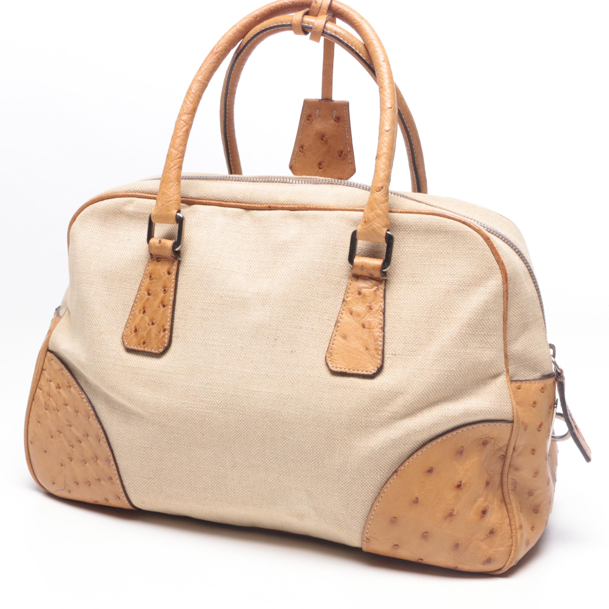 Prada Beige Canvas Satchel with Ostrich Leather Trim